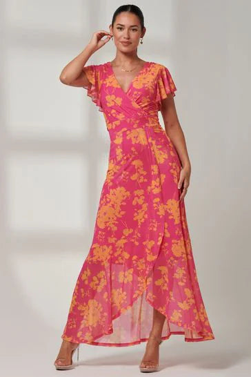 Gisselle Ruffle Hem Maxi Dress - Floral Print Summer Beach Dress for Women, Pink Flowy Long Dress for Vacations, Parties & Outdoor Events