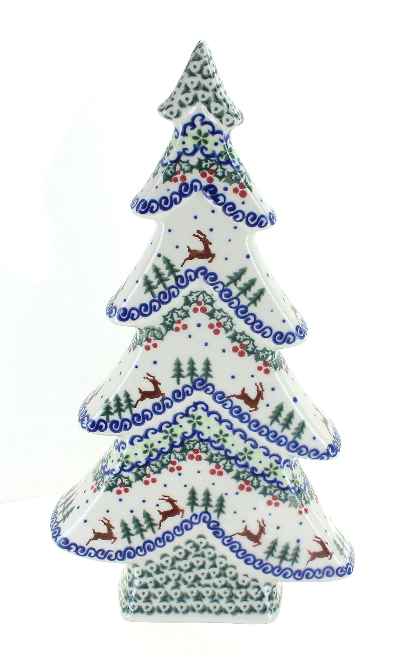 Hand-Painted Blue Rose Polish Pottery Reindeer Delight Flat Christmas Tree Ornament - Perfect for Holiday Decor, Gift Giving & Festive Home Accents
