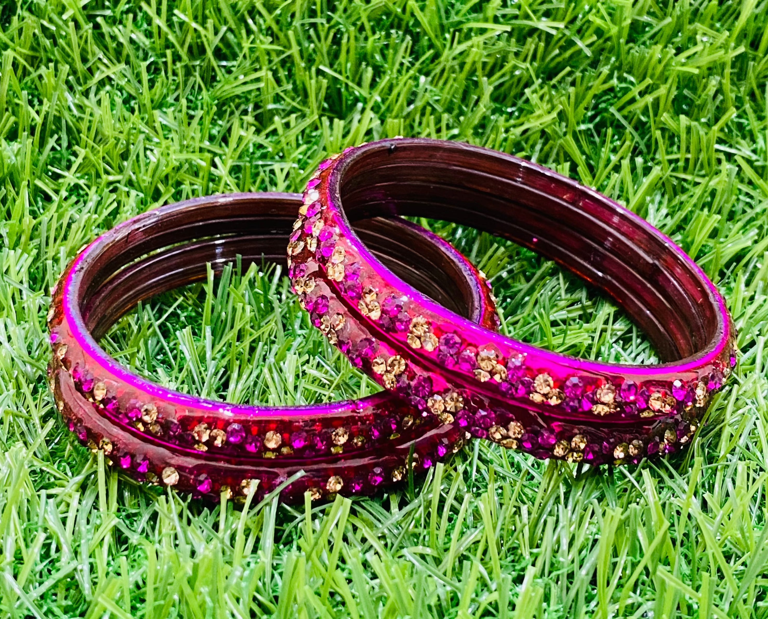Elegant Rani Pink Glass Bangles with Stone Design for Women - Perfect for Weddings, Parties & Ethnic Fashion Accessories