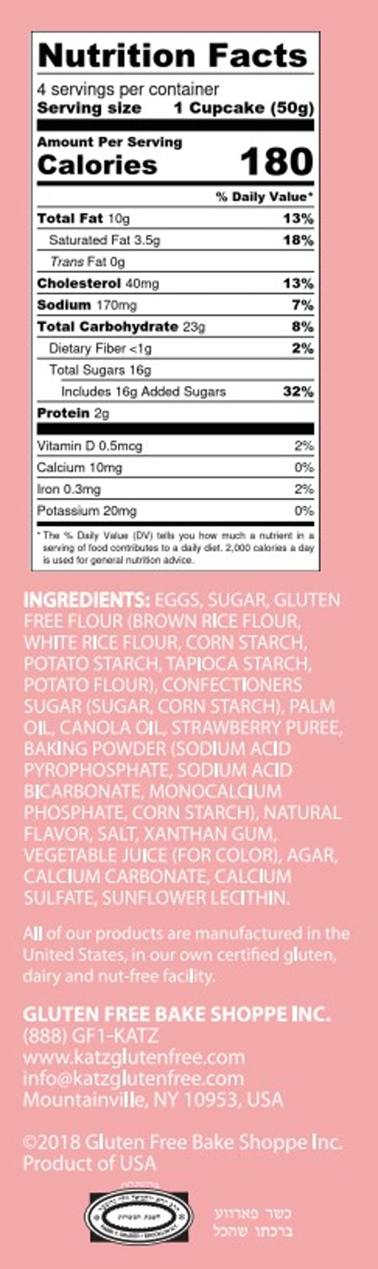 Katz Gluten Free Strawberry Creme Filled Cupcakes - Dairy Free, Nut Free, Soy Free, Kosher Certified (4 Pack, 7 oz) | Perfect for Allergies, School Lunches & Birthday Parties