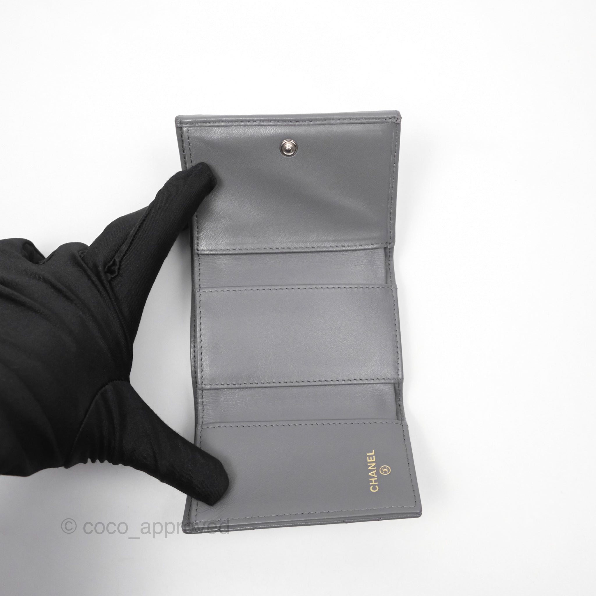 Chanel 19 Grey Lambskin Short Trifold Wallet with Silver Hardware - Luxury Compact Wallet for Women, Perfect for Everyday Use & Travel Essentials