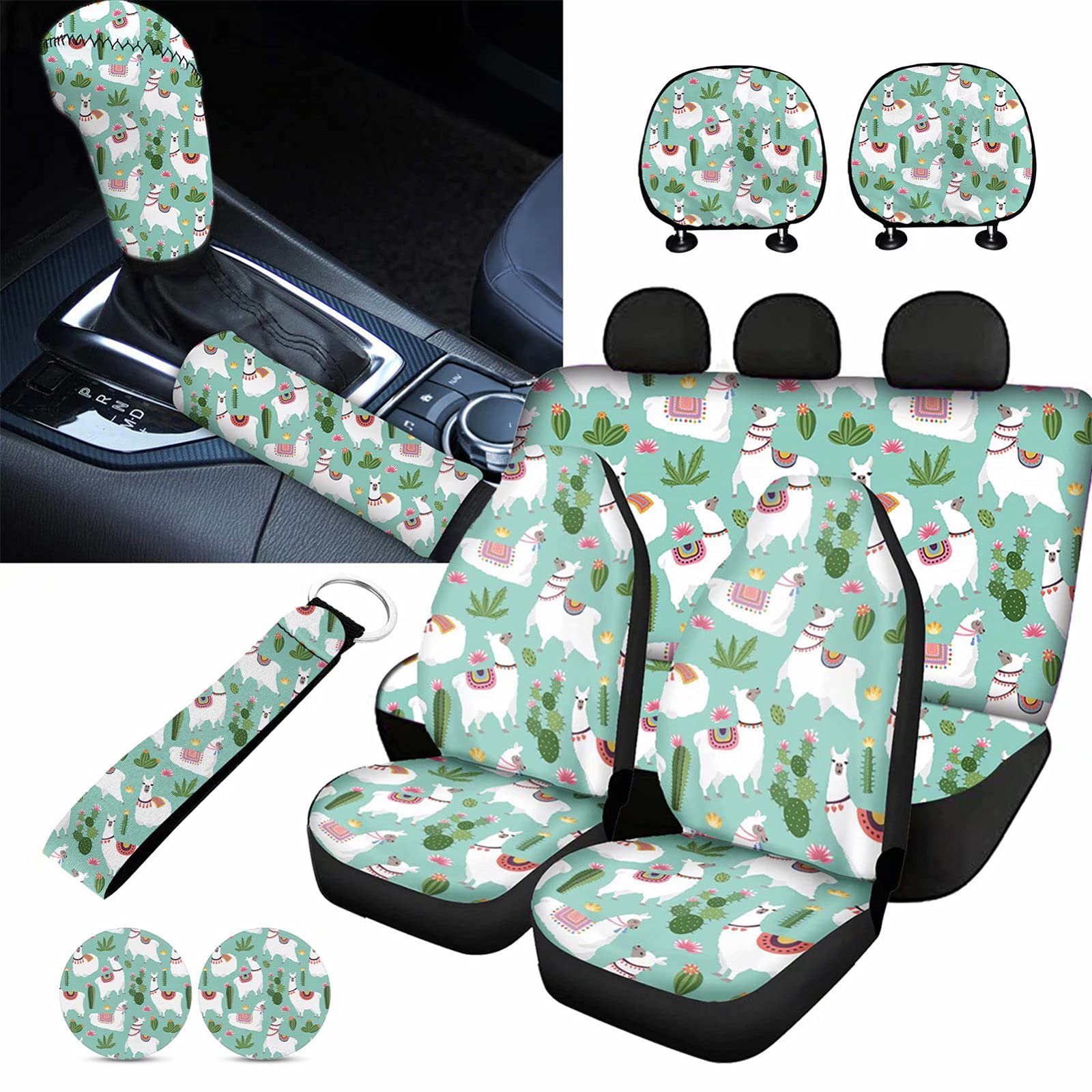 **Forchrinse Cute Llama Alpaca 11-Piece Car Seat Cover Set for Girls - Universal Headrest Cover, Handbrake Cover, Gear Shift Cover, Car Coasters & Keychain | Perfect for Kids, Teens & Family Road Trips**