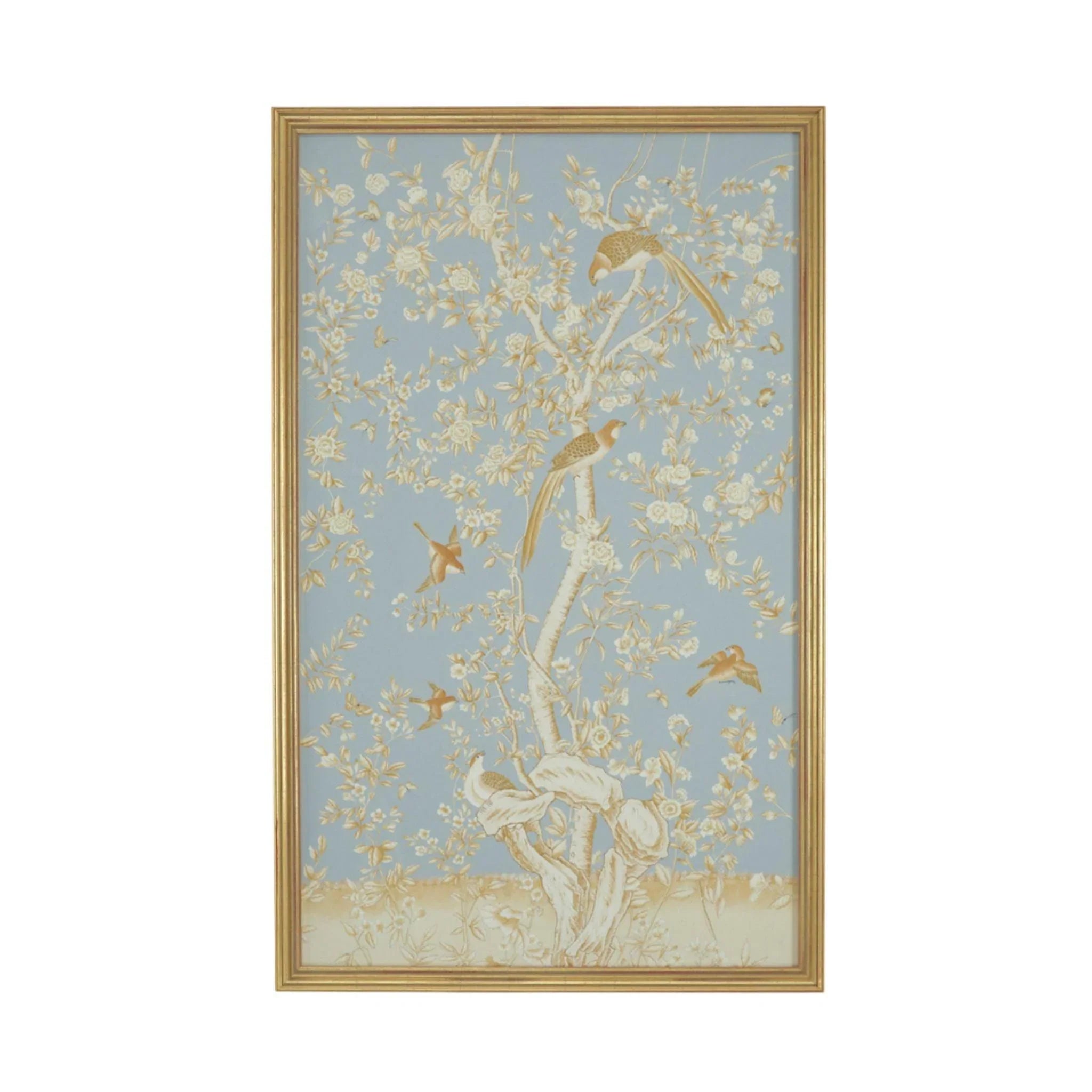 Blue and Gold Watercolor Silk Chinoiserie Birds Wall Art with Antique Gold Frame - Elegant Home Decor for Living Room, Bedroom & Office