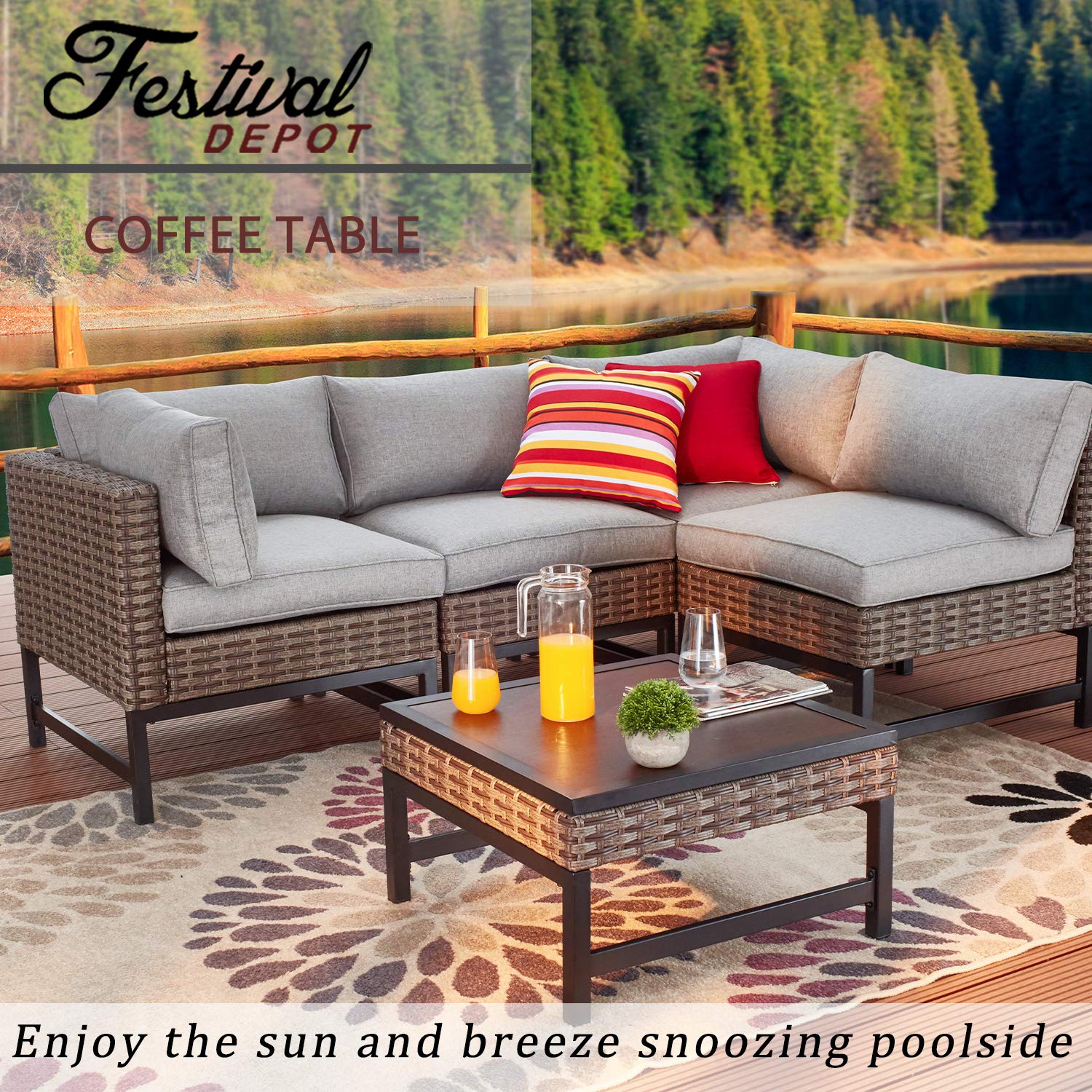 Festival Depot Patio Coffee Table - Square Metal Frame with Wicker & Wood Grain Top Rattan Outdoor Furniture for Bistro, Deck, Garden & Poolside Relaxation