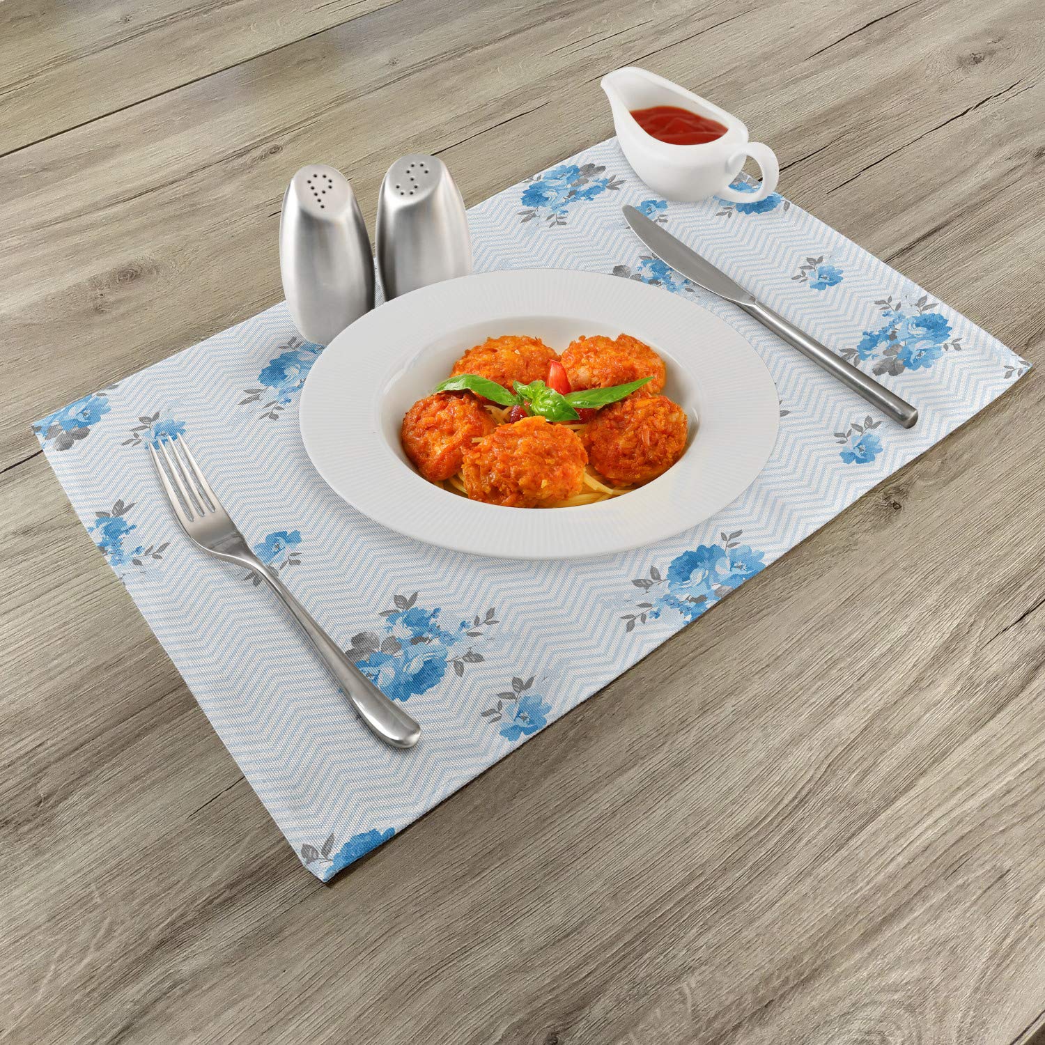 Ambesonne Blue Rose Floral Place Mats Set of 4 - Washable Fabric Table Mats for Dining Room & Kitchen Decor - Romantic Spring Design with Grey Accents - Perfect for Dinner Parties, Brunch, and Home Styling