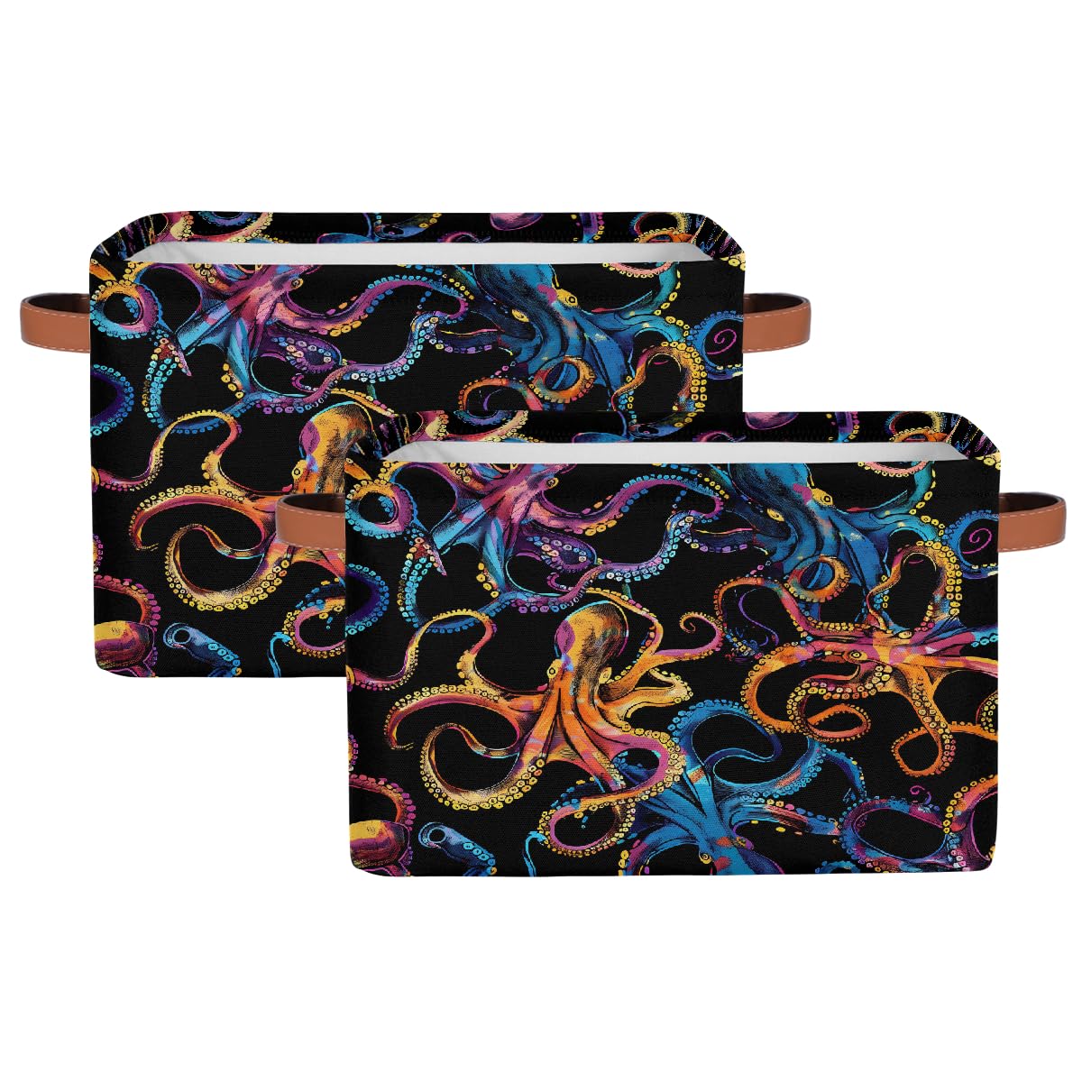 Colorful Octopus Foldable Storage Baskets with Handles - 2 Pack Decorative Sea Animal Storage Bins for Shelves, Home Organization | Perfect for Kids' Room, Bathroom & Closet Storage
