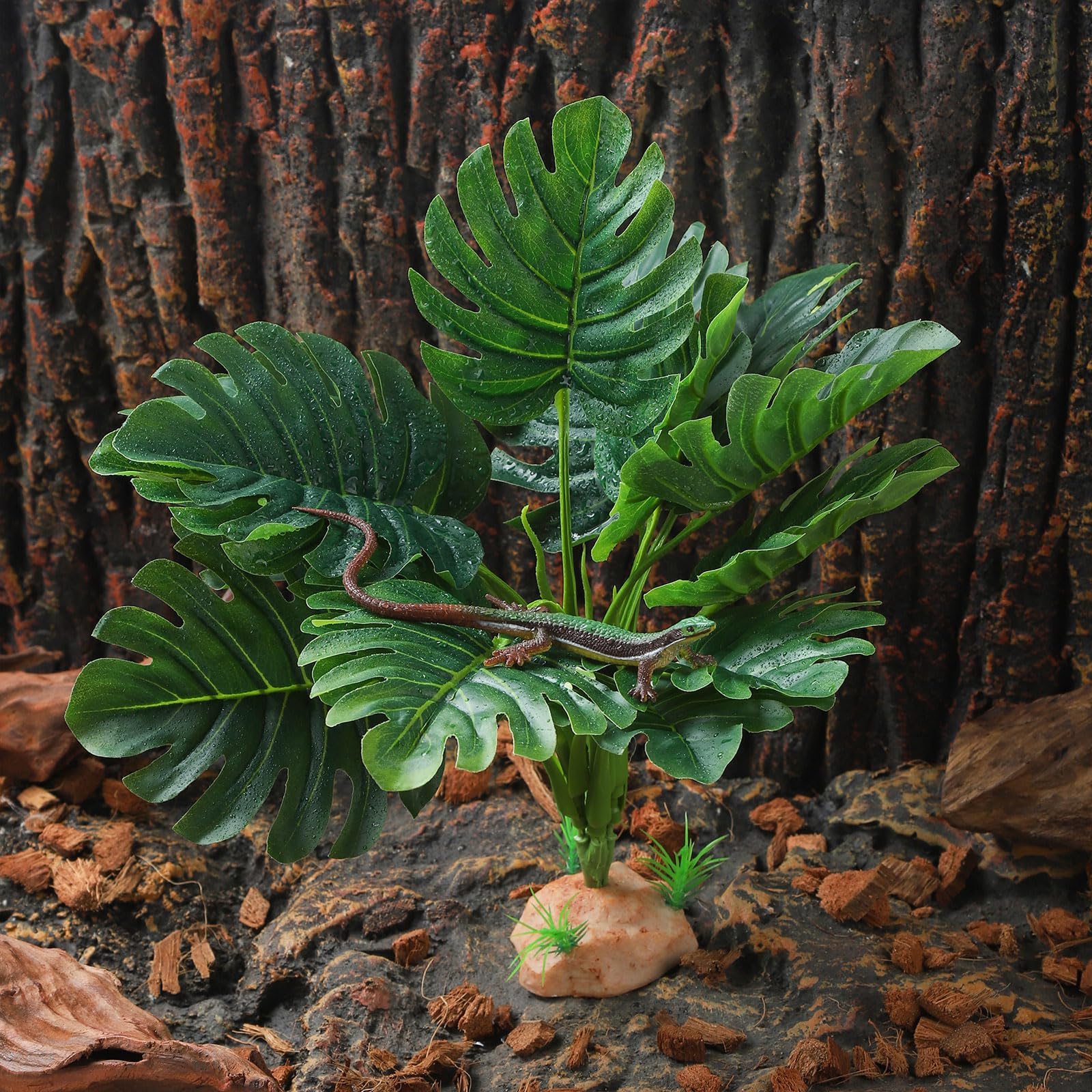 Artificial Terrarium Plants for Reptile Habitat - Monstera Spider Plant for Gecko, Ball Python & Tortoise Enclosure - Durable Reptile Tank Décor for Natural-Looking Jungle Environment