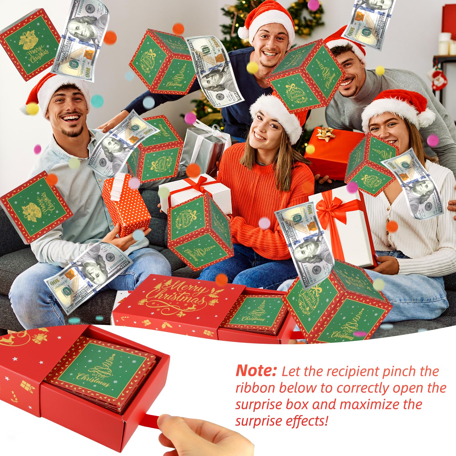 DIY Pop Out Folding Explosion Money Gift Box with Confetti - Christmas Birthday Surprise Cash Present for Women, Men & Kids - Perfect for Holidays, Parties & Special Occasions (Red)