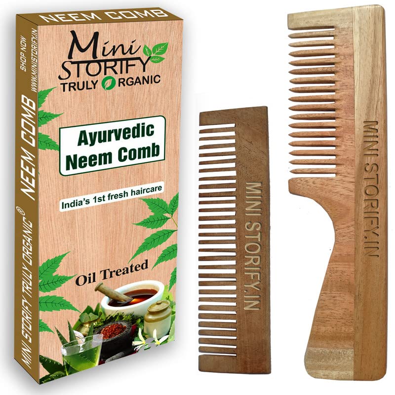 Mini Storify – Natural Kacchi Neem Wood Comb for Hair Growth & Scalp Care - Pack of 2 Handmade Wooden Combs for Women & Men - Anti-Dandruff & Hair Fall Control - Pocket & Handle Comb for Daily Hair Care, Travel & Ayurvedic Hair Treatment