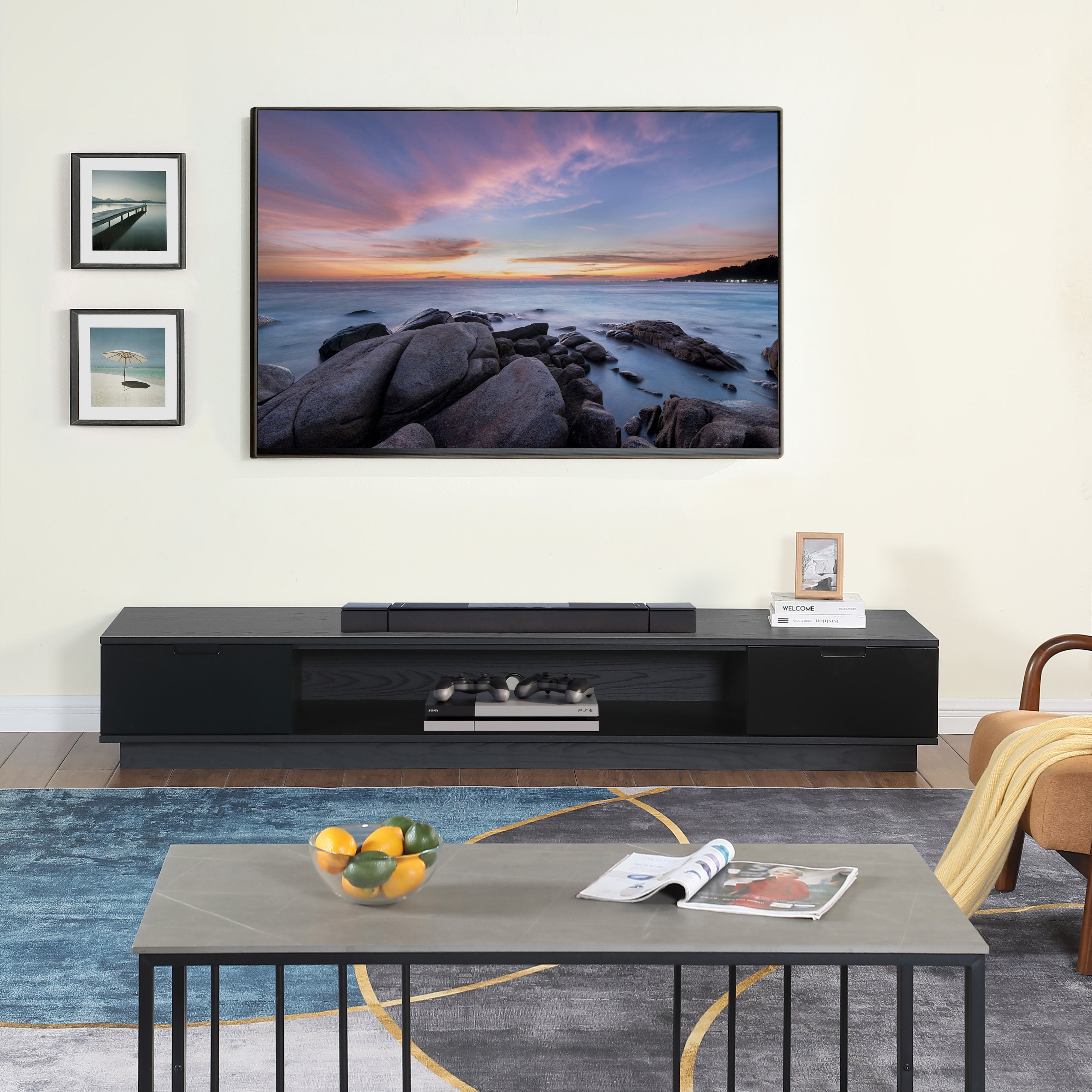 Tauris Rio 2200mm Black Oak Low Line TV Stand - Modern Entertainment Center & Media Cabinet for Living Room, Home Theater, and Gaming Setup