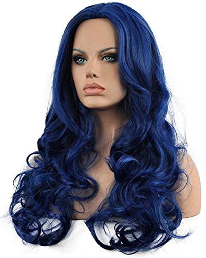 Kaneles Blue Synthetic Wigs for Women - Long Curly Wavy Heat Resistant Cosplay Party Wig | Perfect for Halloween, Costume Parties & Theatrical Performances