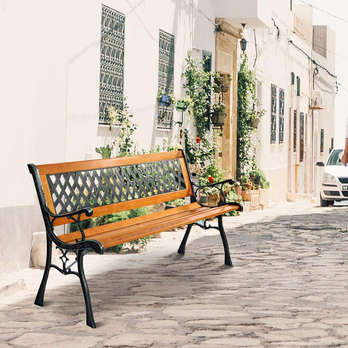 Giantex 50'' Outdoor Patio Bench - Cast Iron Hardwood Frame Weatherproof Loveseat for 2 Persons - Perfect for Porch, Garden, Backyard & Poolside Relaxation