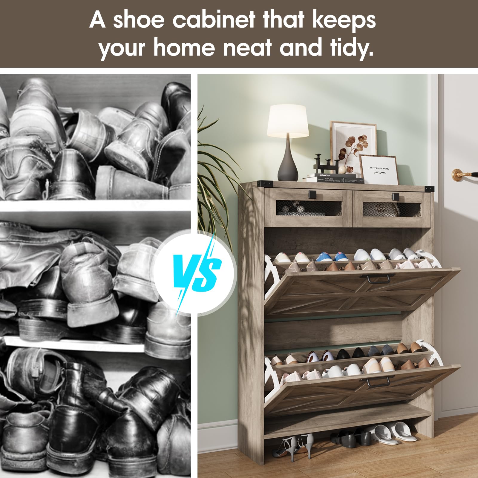 Farmhouse Shoe Storage Cabinet with 2 Flip Drawers & 2 Drawers - Narrow Freestanding Entryway Shoe Rack for Hallway, Living Room or Bedroom Organization - Grey Wooden Shoe Cabinet for Small Spaces