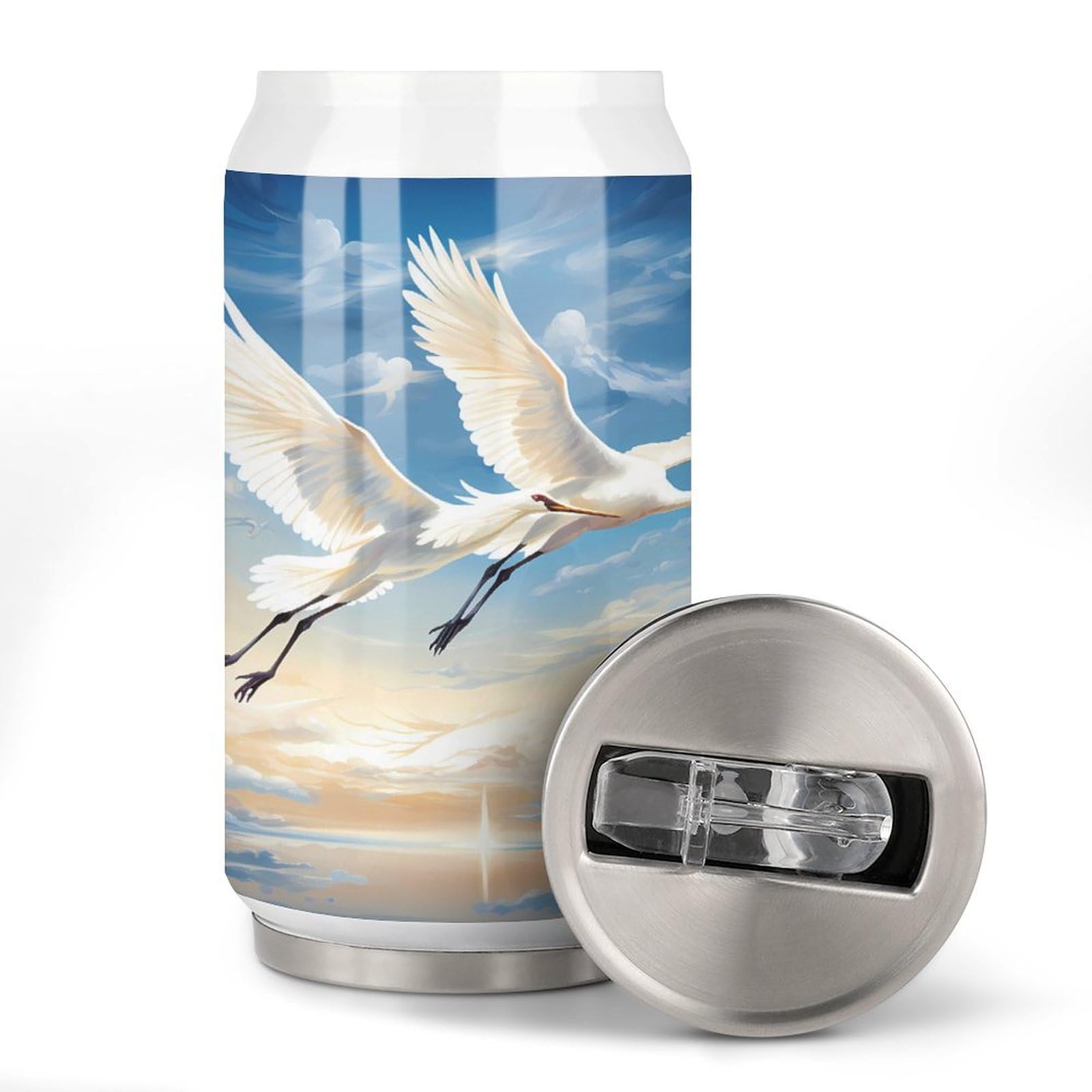 Stainless Steel Insulated Tumbler with Flip Lid - Cranes Birds Flying Sky Travel Design - Hot/Cold Coffee Mug for Home, Office & Outdoor Use - Perfect for Camping, Commuting and Gifts