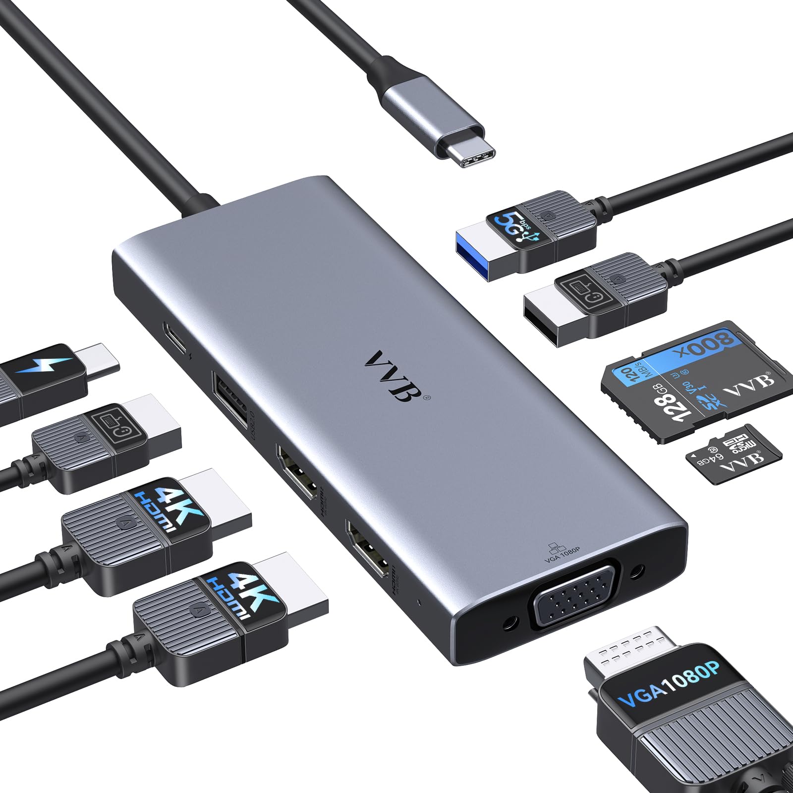 USB C Docking Station Dual Monitor HDMI Adapter for Dell HP Lenovo Laptops - 4K HDMI/VGA, 100W PD Charging, 3 USB Ports, SD/TF Card Reader - Perfect for Home Office & Multi-Screen Workstations