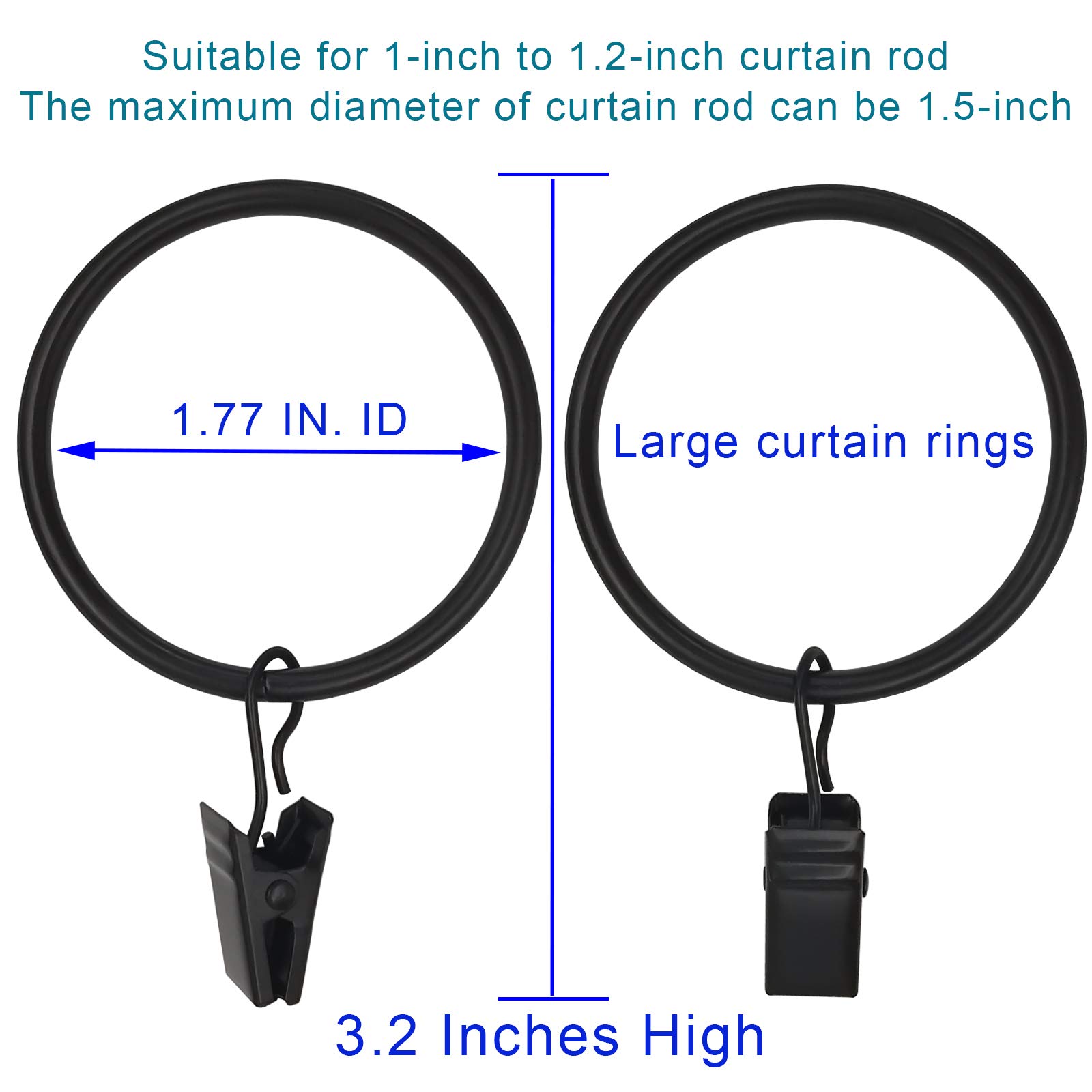 40 Pack Black Curtain Rings with Clips - Heavy Duty Drapery Hooks for Hanging Drapes, Bows & Hats - 1.77 Inch Inner Diameter Fits 1.5 Inch Rods - Perfect for Living Room, Bedroom & Window Decor