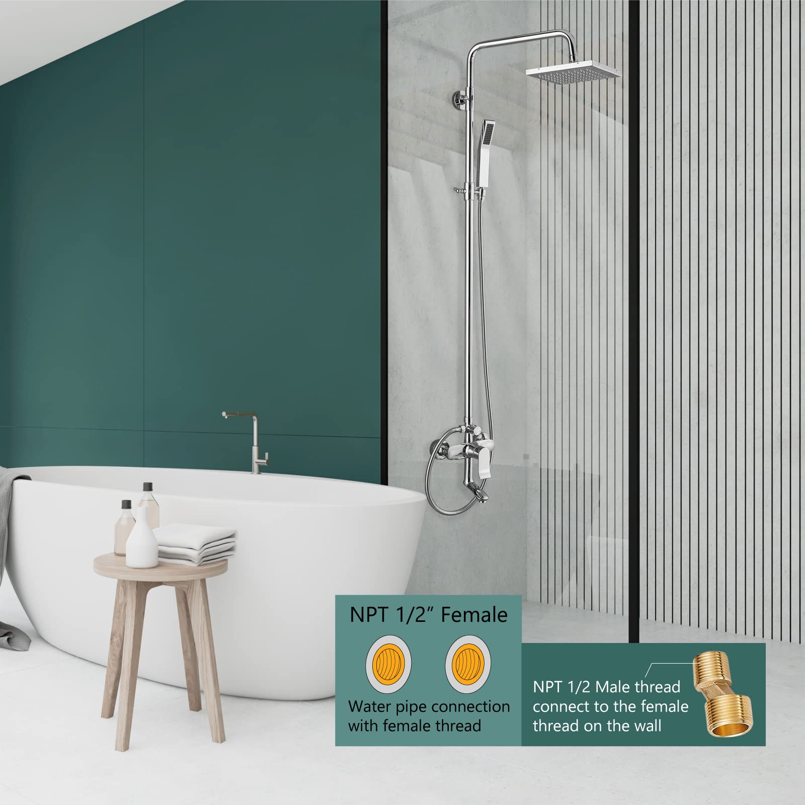 Polished Chrome 3-Function Exposed Shower System with 8 Inch Square Rainfall Shower Head - Wall Mount Bathroom Faucet Set for Modern Luxury Showers | Perfect for Master Bathrooms & Spa-Like Experiences