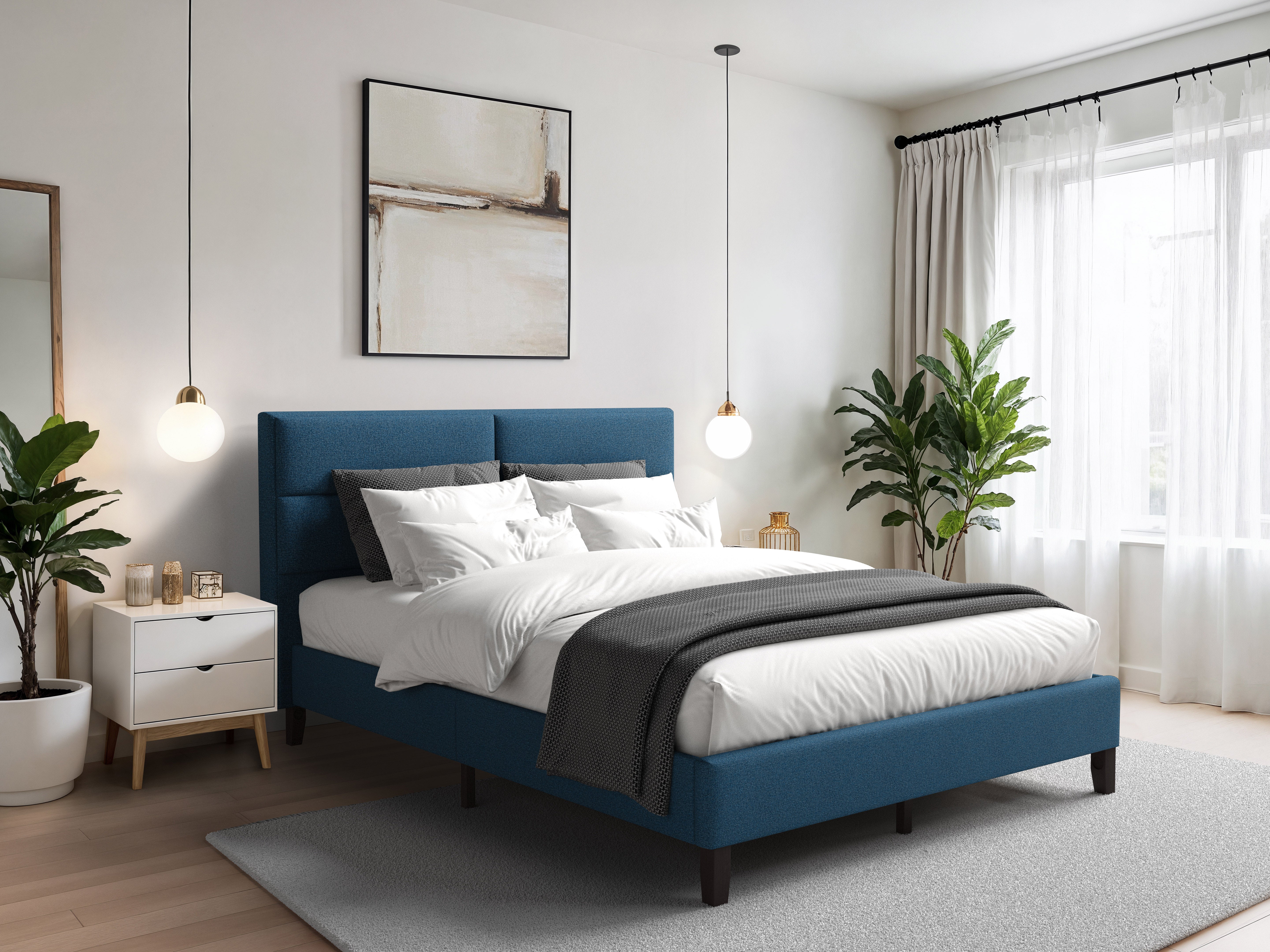 Luxury Blue Upholstered King Size Bed Frame - Premium Fabric Headboard with Solid Wood Base for Master Bedroom | Perfect for Modern Home Decor & Spacious Bedroom Setup