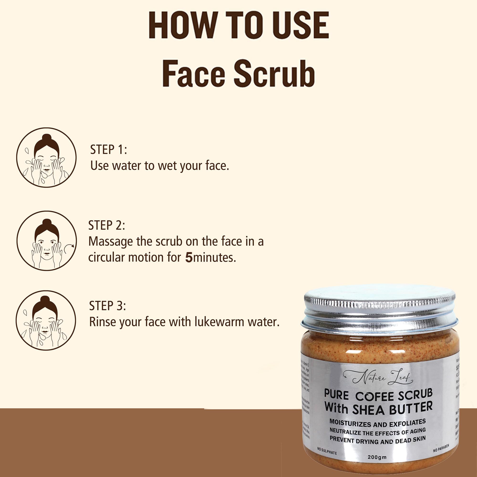 Natural Leaf Pure Coffee Scrub with Shea Butter - Exfoliating & Tan Removing Facial Scrub for Women & Men | Dead Skin Removal & Skin Brightening | 200g | Perfect for Spa Day & At-Home Skincare Routine