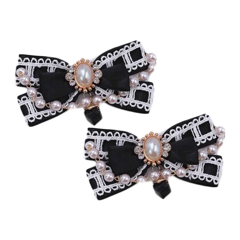 Black Beaded Shoe Clips with Lace Bowknot - Gothic Style Shoe Charms & Buckle Decorations (1 Pair) | Elegant Shoe Jewelry Accessories for Weddings, Parties & Special Occasions