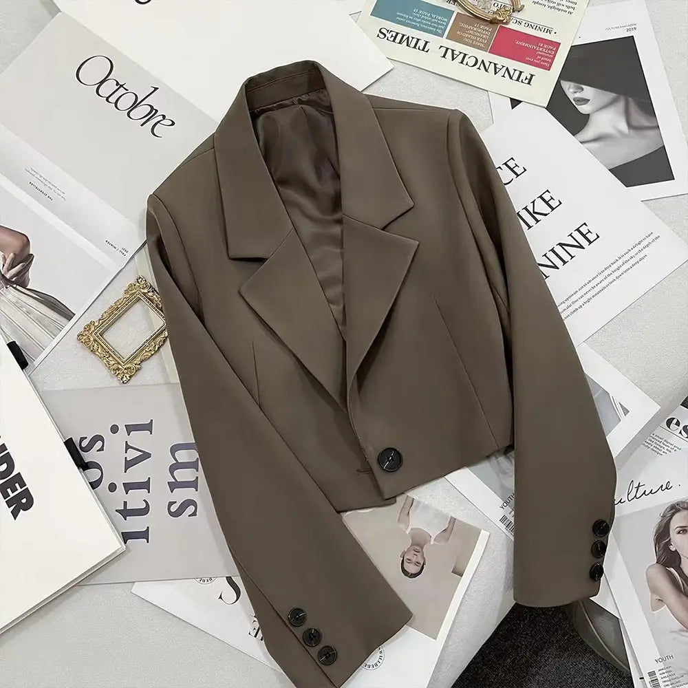 Stylish Korean Women's Cropped Blazer - Autumn Winter Office Wear & Spring Street Fashion Jacket with Long Sleeves | Perfect for Business Casual, Work Attire and Everyday Outfits