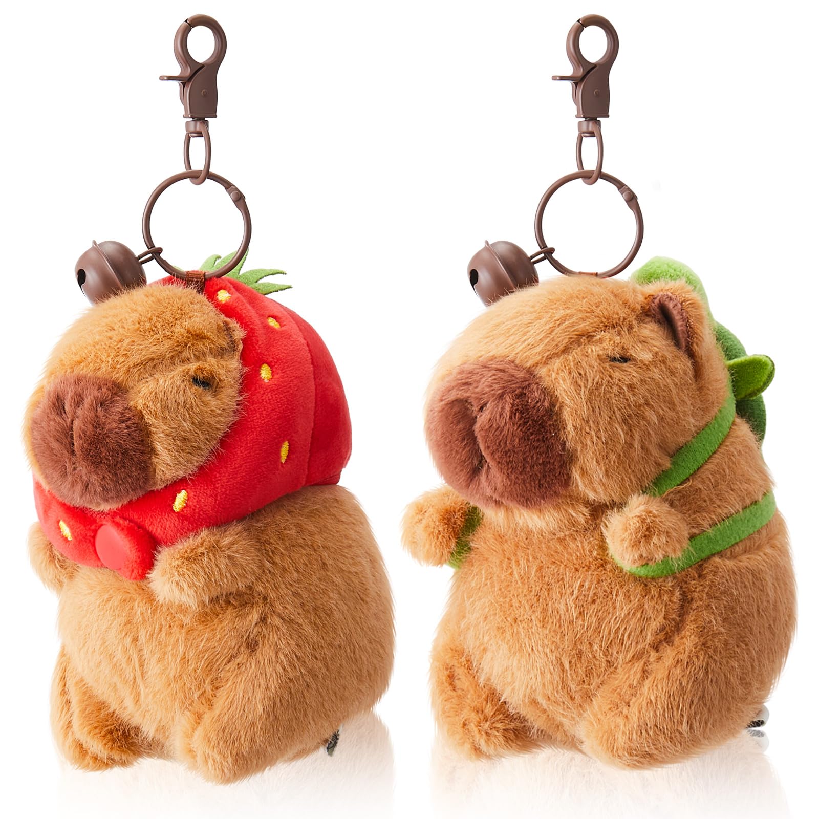 2 Pack Cute Capybara Plush Keychain - Soft Stuffed Animal Toy Pendant for Graduation Gifts, Birthday Party Favors, Home Decor (Turtle Bag & Strawberry Hood) - Perfect for Backpacks, Key Rings & Gift Exchanges