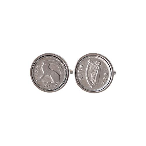 Vintage 1940 Irish Threepence Coin Cufflinks - Rhodium Plated Elegant Dress Shirt Accessories for Men, Perfect for Weddings, Anniversaries & Formal Events