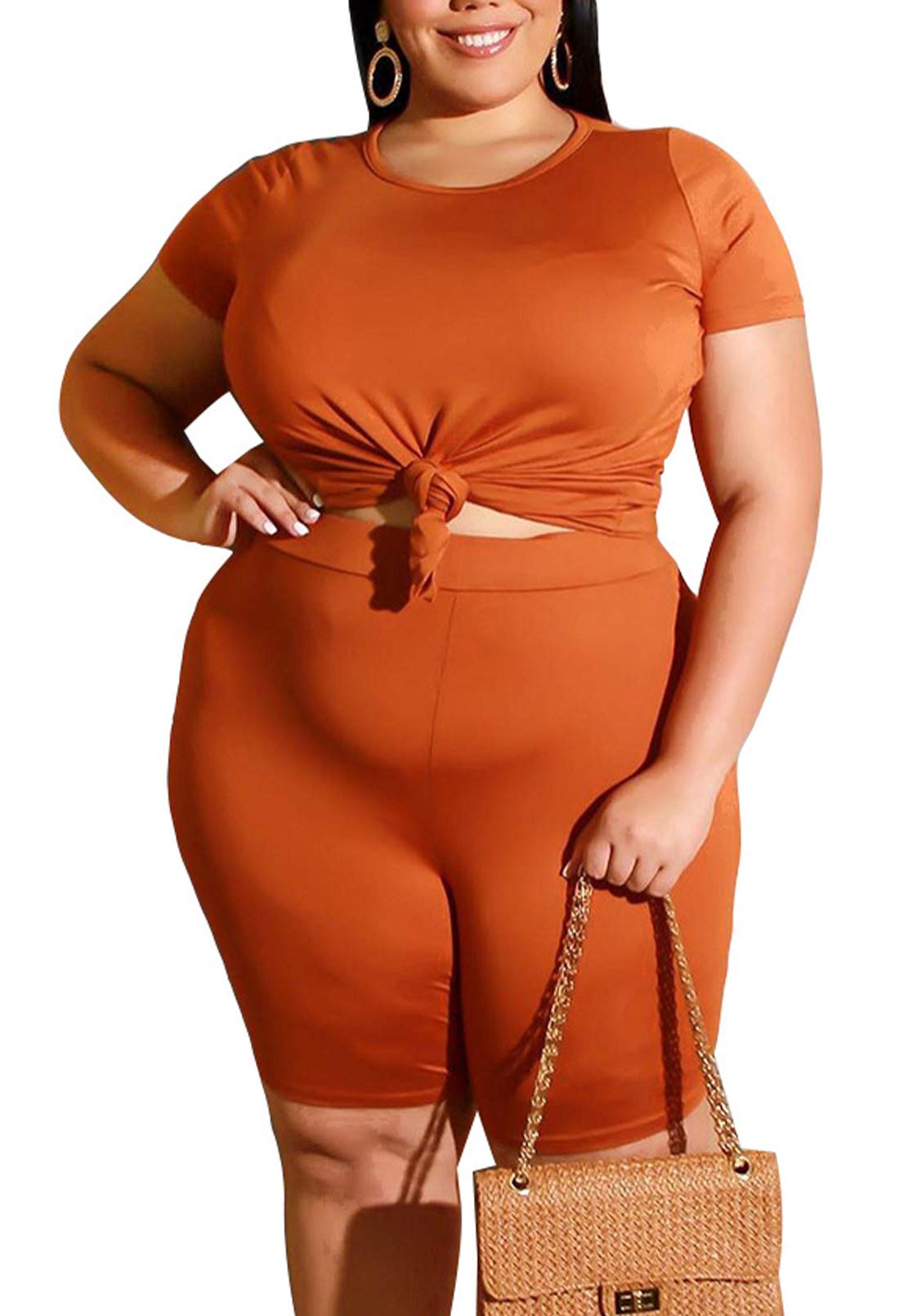 Linsery Women's Plus Size Two Piece Outfit - Short Sleeve Summer Top & Biker Shorts Set | Casual Streetwear, Gym Workout & Vacation Outfits