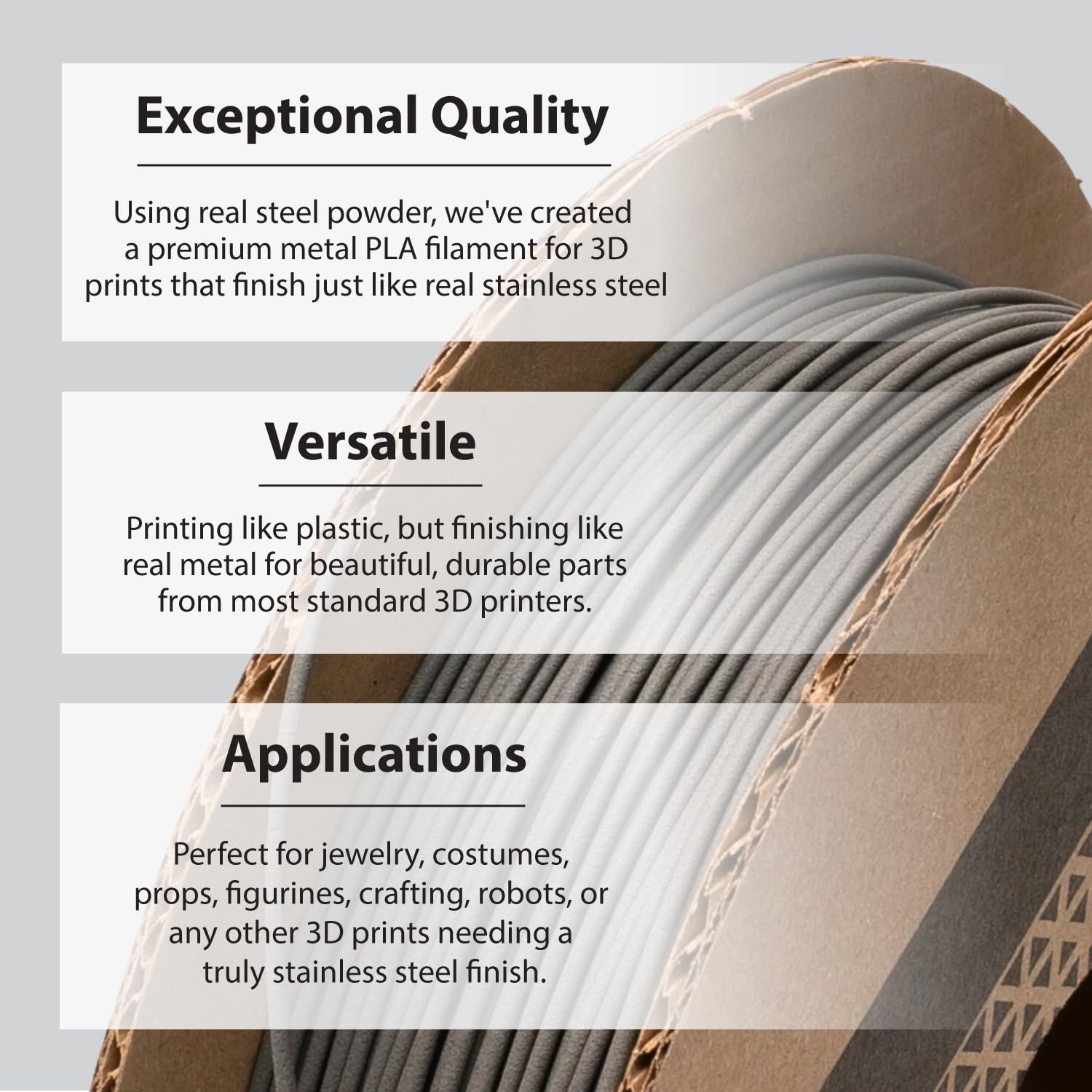 Protopasta Stainless Steel Filled PLA 3D Printer Filament - 2kg Spool | High Metal Content (60%) Composite Filament for Smooth Polishing & Patina Effects | Perfect for Jewelry, Home Decor & Industrial Prototyping