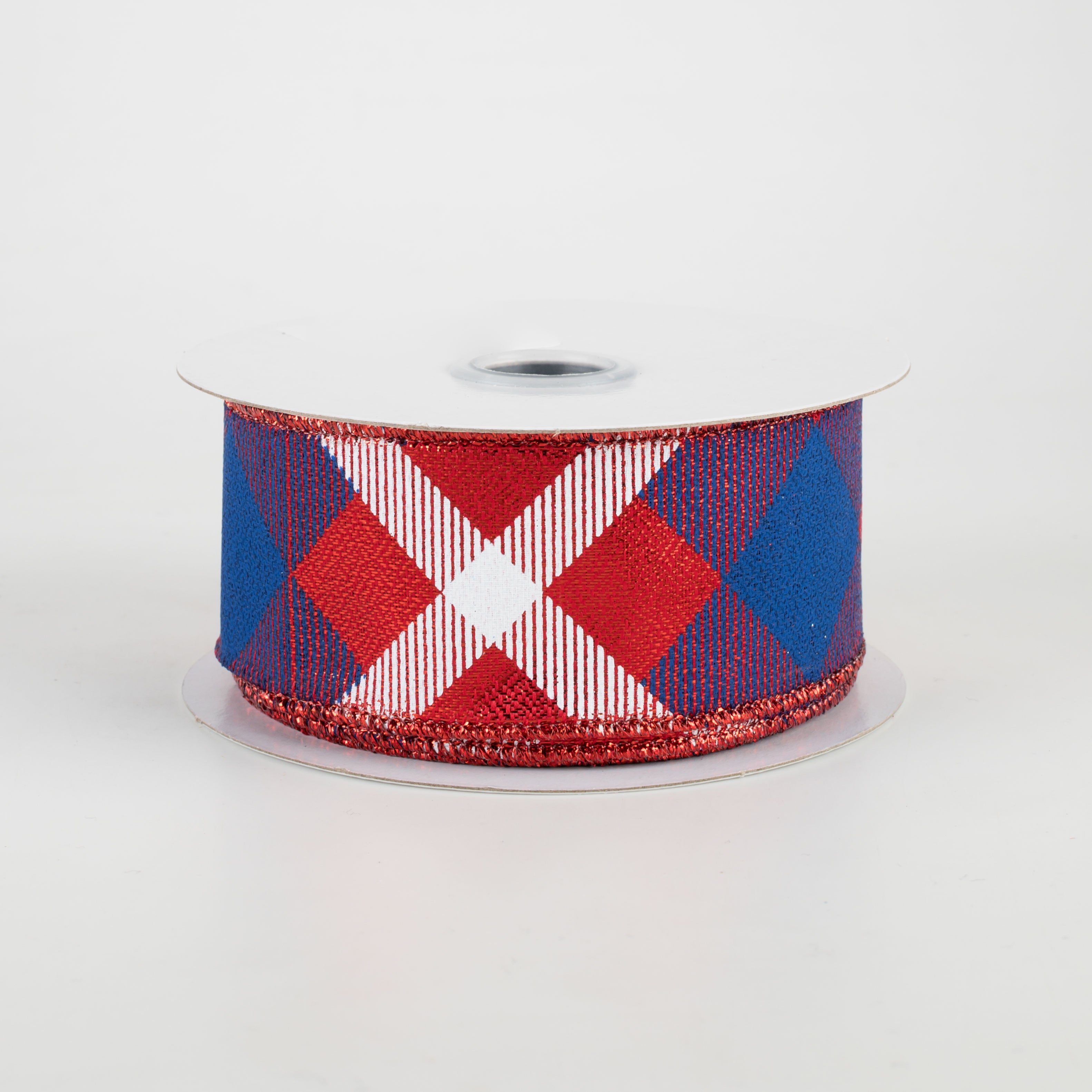 1.5 Inch Printed Plaid Metallic Ribbon - Patriotic Red White & Blue Decorative Ribbon (10 Yards) for Gift Wrapping, DIY Crafts, Party Decorations and Holiday Bows