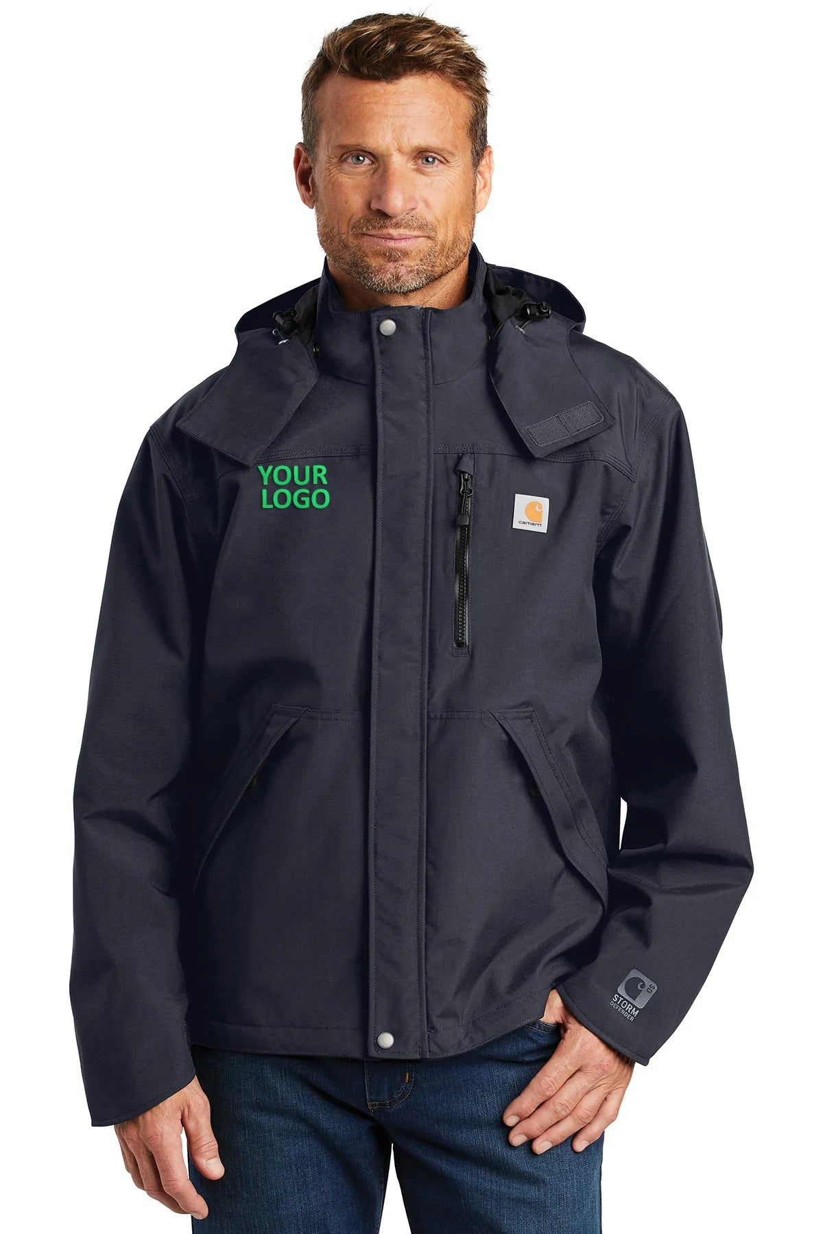 Carhartt Shoreline Brandet Jacket for Men - Water-Resistant Work Jacket with Hood, Navy Blue - Perfect for Outdoor Work, Hiking & Casual Wear