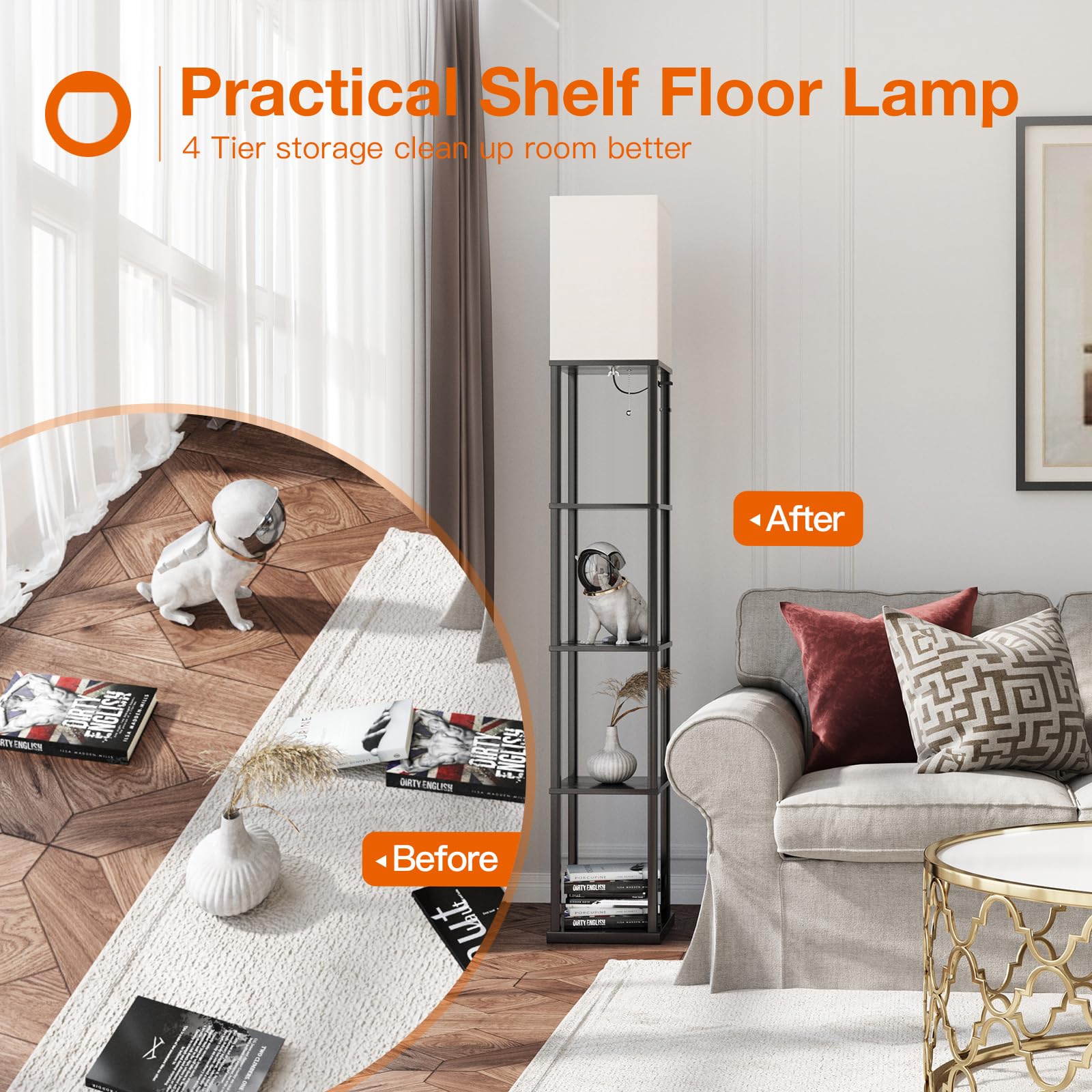 Addlon 5-Tier Modern Shelf Floor Lamp with 3CCT LED Bulb - Adjustable Brightness Display Lamp for Living Room, Bedroom, Office - Black - Perfect for Reading, Decor & Space Saving