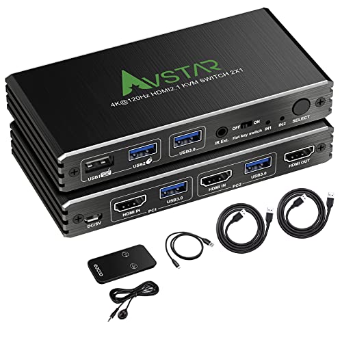 8K@60Hz 4K@120Hz HDMI 2.1 KVM Switch with USB 3.0 - 2 Port 2-in-1-Out KVM Switch for 2 Computers to 1 Monitor | Share Keyboard, Mouse & Printer Between 2 PCs | Compatible with Mac & Windows | Includes IR Remote | Perfect for Home Office, Gaming & Multi-Tasking Workstations