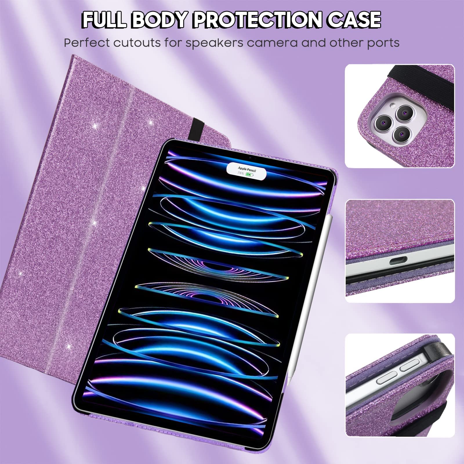 2024 iPad Air 13 & iPad Pro 12.9 Case (6th/5th/4th/3rd Gen) - Glitter Protective Cover with Pencil Charging, Folio Kickstand, Auto Sleep/Wake & Hand Strap | Slim Smart Cover for Work, School & Travel - Purple