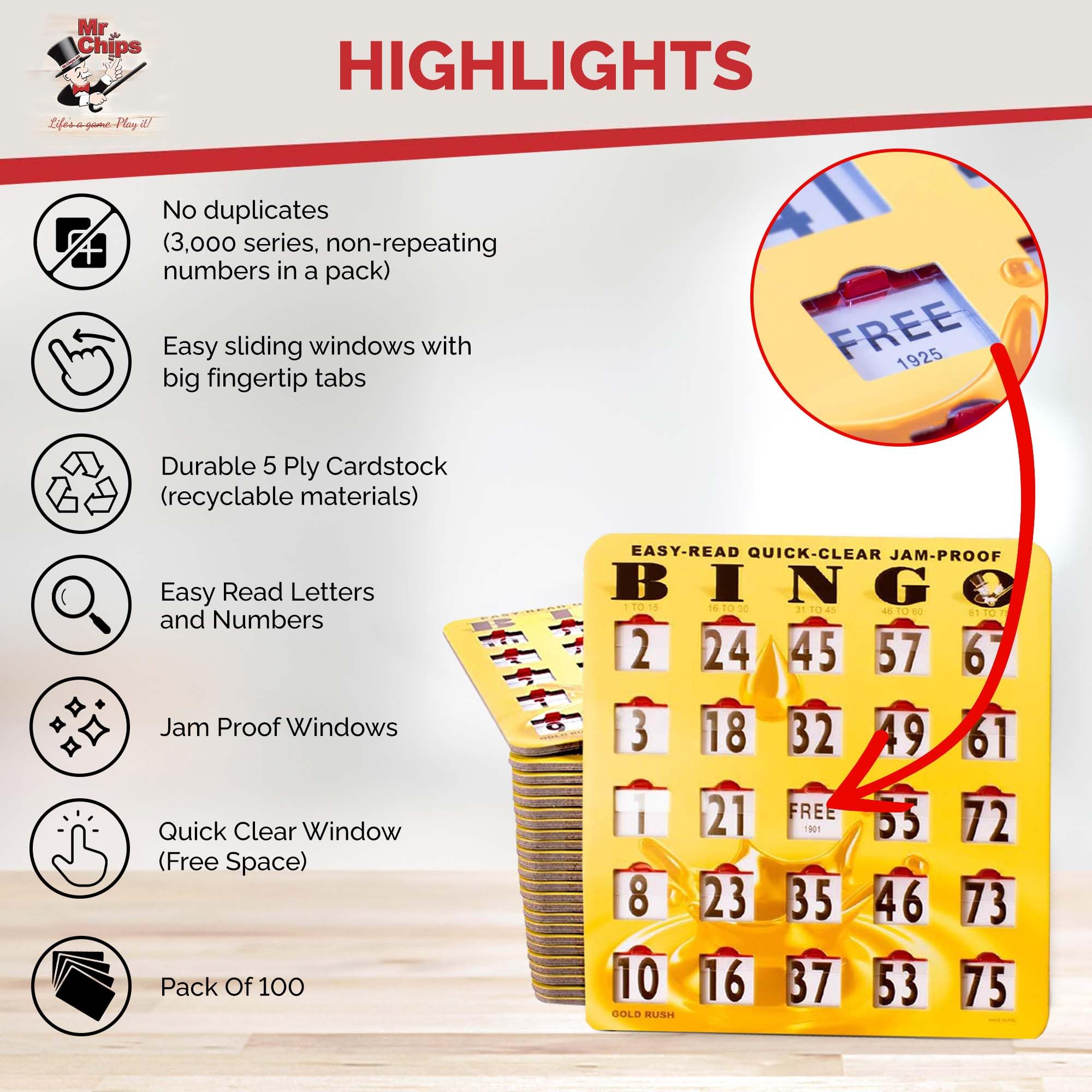 MR CHIPS Jam-Proof Easy-Read Quick-Clear Large Print Fingertip Slide Bingo Cards with Sliding Windows - 100 Pack Gold Rush Style | Perfect for Bingo Nights, Senior Activities, Family Game Nights & Casino-Themed Parties | Ideal for Bingo Halls, Retirement Communities, and Home Entertainment