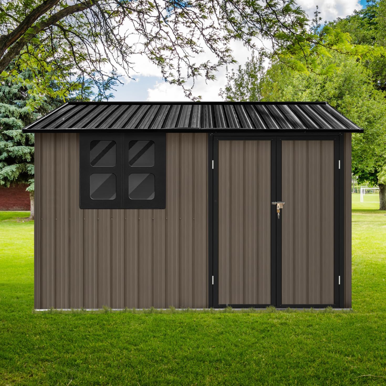 8x6 FT Heavy Duty Metal Outdoor Storage Shed - Weatherproof Tool Shed with Lockable Door, Ventilation & Window - Perfect for Garden Tools, Lawn Mower, Bike Storage (Backyard, Garage & Home Organization)