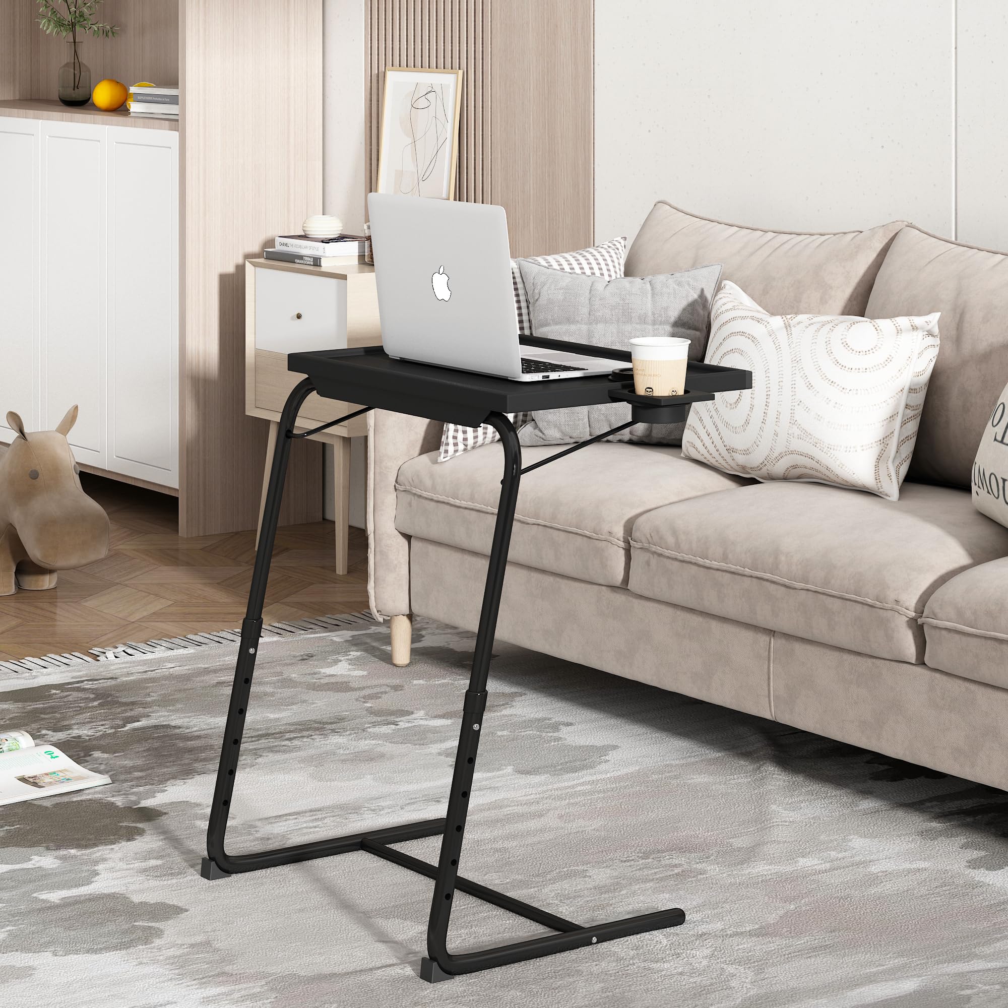 JAXPETY Adjustable Folding TV Tray Table with Cup Holder - 3 Angle & 6 Height Settings - Portable Laptop Stand for Sofa, Bed, Office - Perfect for Eating, Working, Watching TV - Black