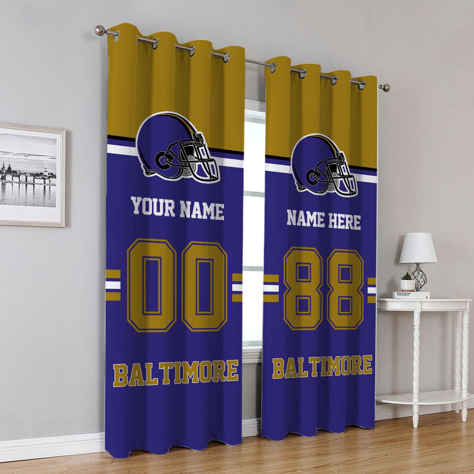 Custom Baltimore Blackout Curtain Panels with Name & Number - Personalized Football Style Bedroom Drapes for Men Fans (Set of 2 Panels) - Perfect for Game Rooms, Man Caves & Sports-Themed Bedrooms