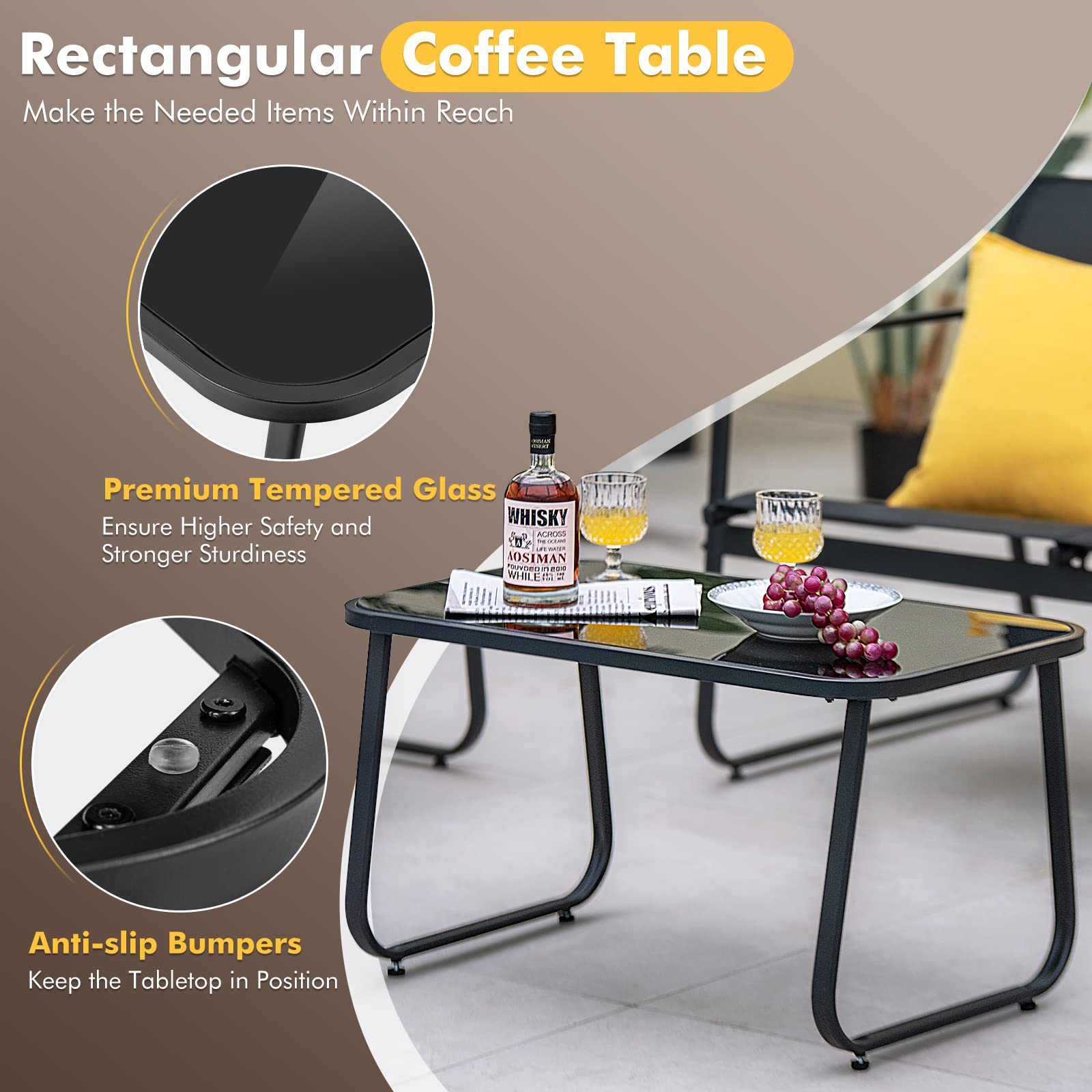 Tangkula 8-Piece Outdoor Patio Furniture Set with Tempered Glass Coffee Table - Black Rustproof Metal Frame & Breathable Fabric - Perfect for Garden, Porch, Backyard & Poolside Relaxation
