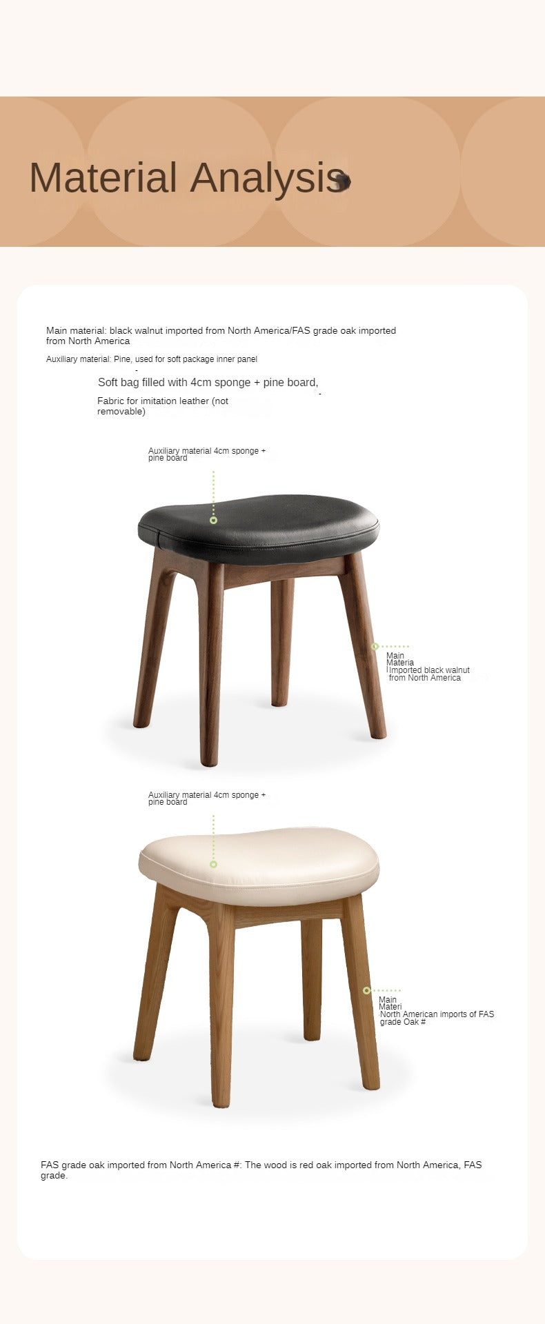 Premium Solid Oak & Black Walnut Wood Makeup Stool - Elegant Vanity Seat with Cushion for Bedroom, Dressing Room & Beauty Salon