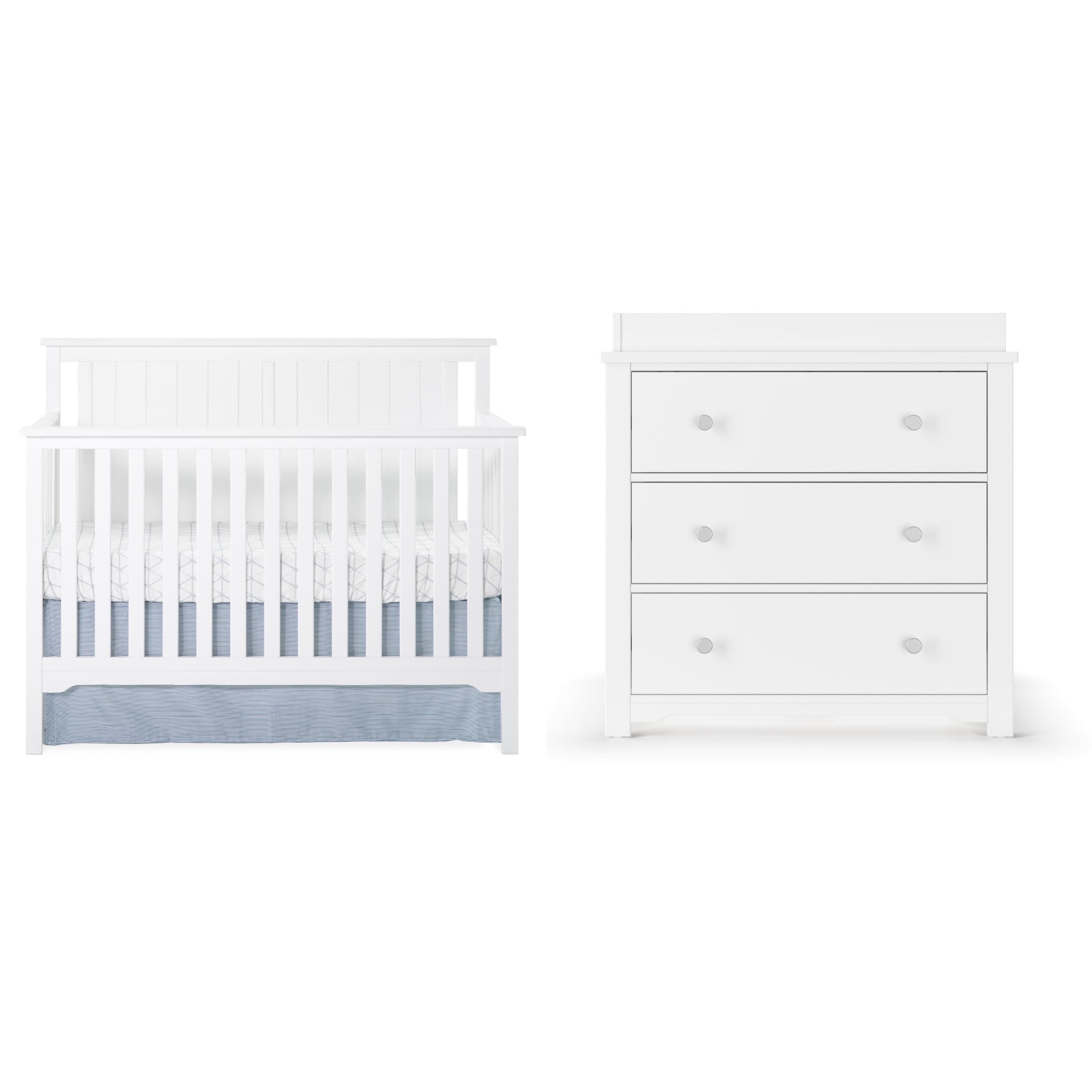 Child Craft Cottage Flat Top 4-in-1 Convertible Crib & Dresser Nursery Set - 3-Piece Baby Furniture with Topper - Grows with Your Child - Matte White Finish for Modern Nurseries & Bedrooms