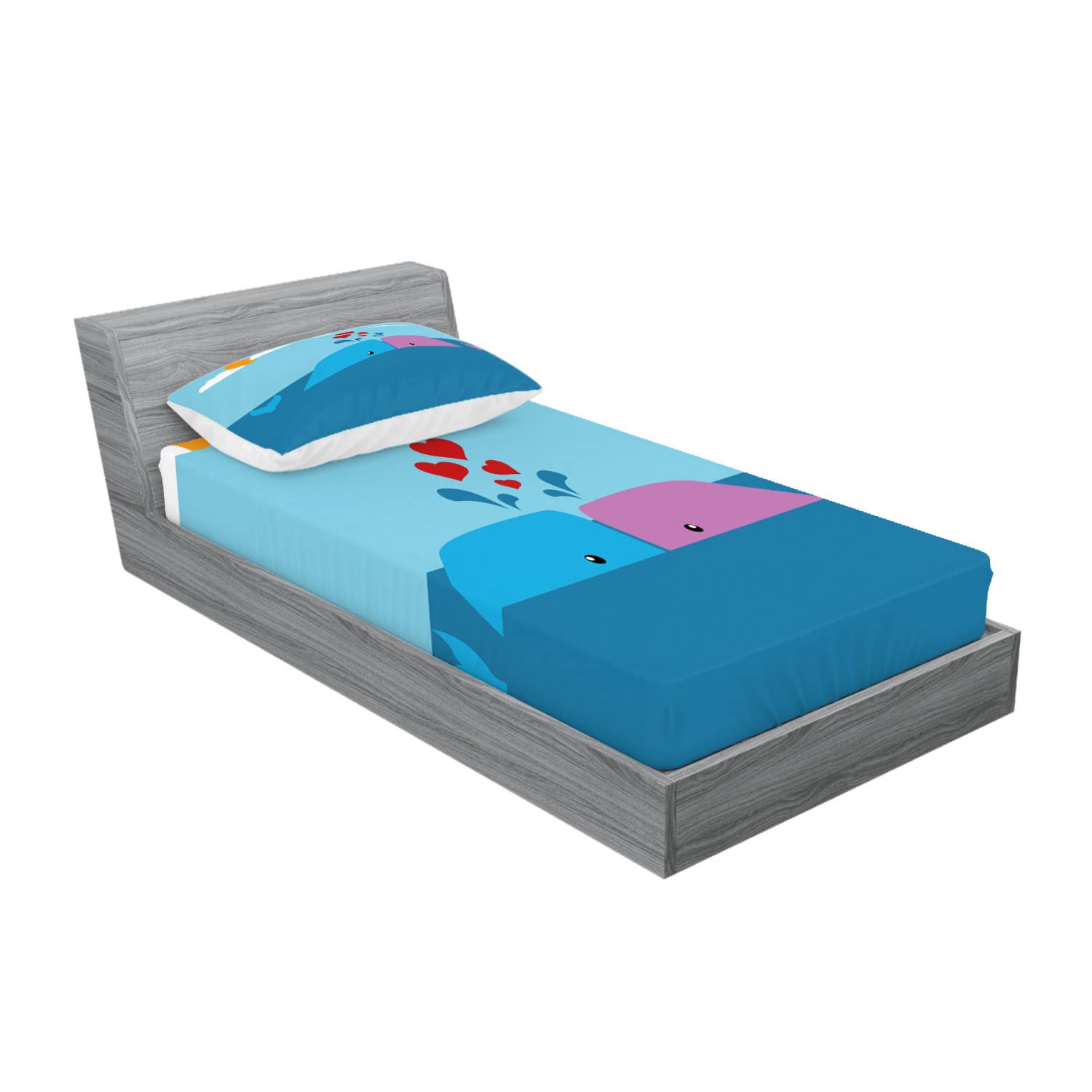 Ambesonne 2-Piece Romantic Whale Print Twin Fitted Sheet & Pillow Sham Set - Ocean Themed Blue and Pink Bedding Decor (Includes 2 Fitted Sheets & 2 Pillow Covers) - Perfect for Kids' Rooms, Beach House Decor or Whale Lover Gifts
