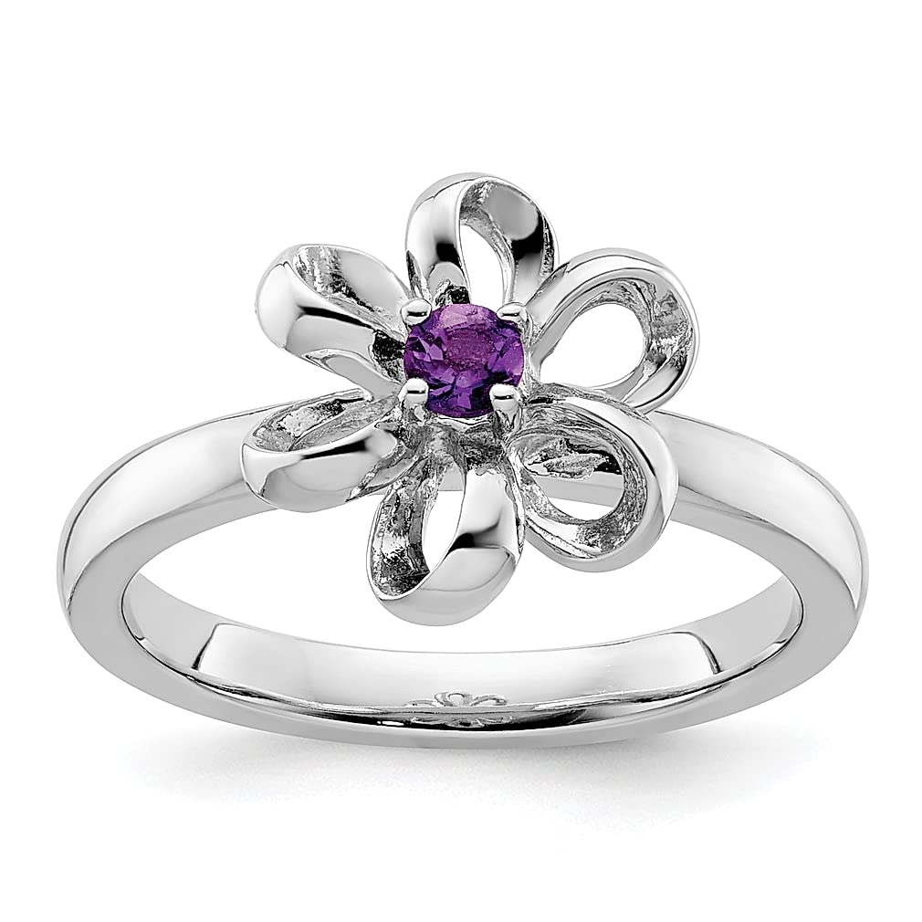 925 Sterling Silver Purple Amethyst Flower Band Ring - February Birthstone Jewelry for Women | Dainty Stackable Leaf Design Fine Ring | Perfect Gift for Her, Valentine's Day, Anniversary & Everyday Wear