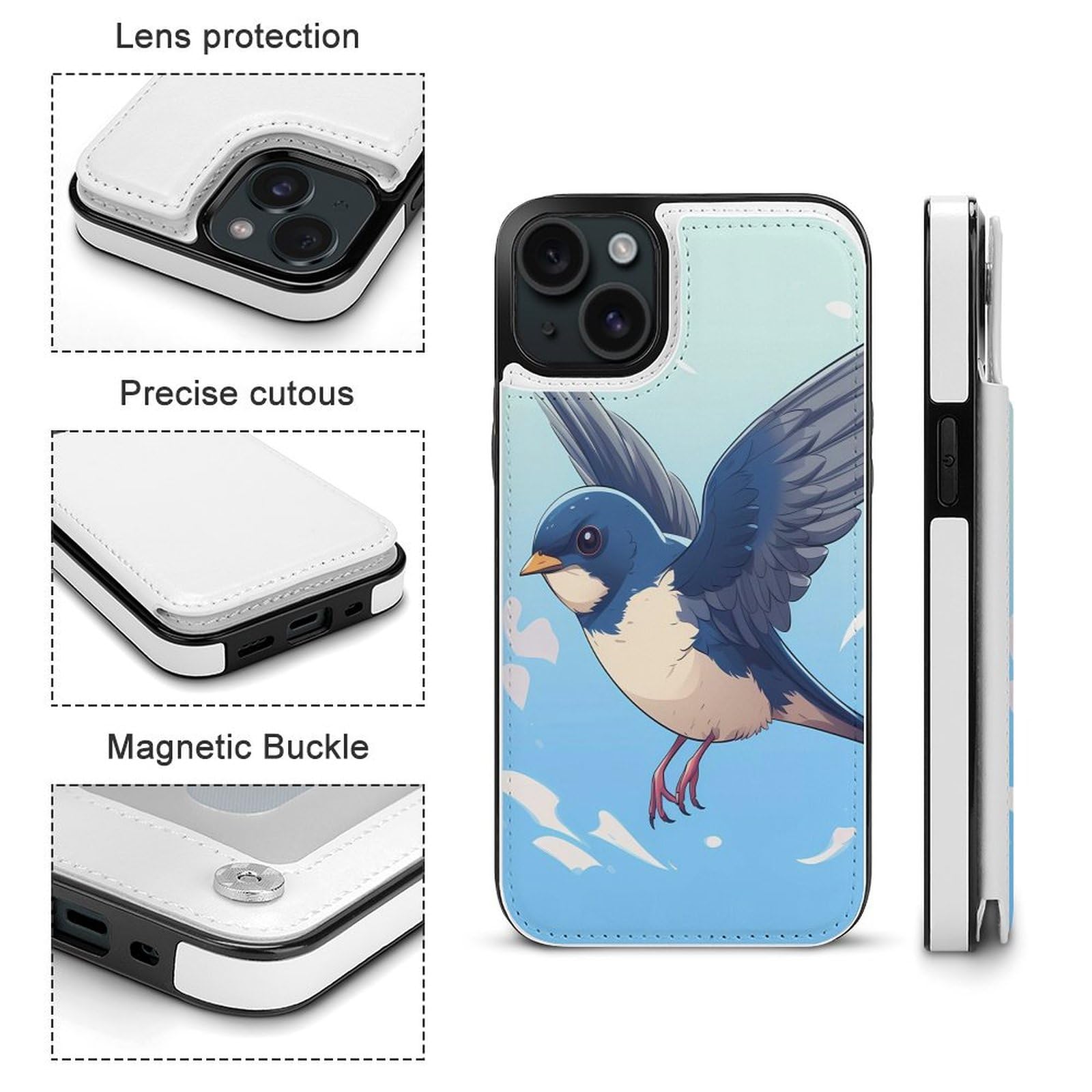 Cute Swallow Pattern Flip Wallet Phone Case with Card Holder - Compatible with iPhone 15 Plus - Stylish & Functional for Everyday Use, Travel, and Shopping