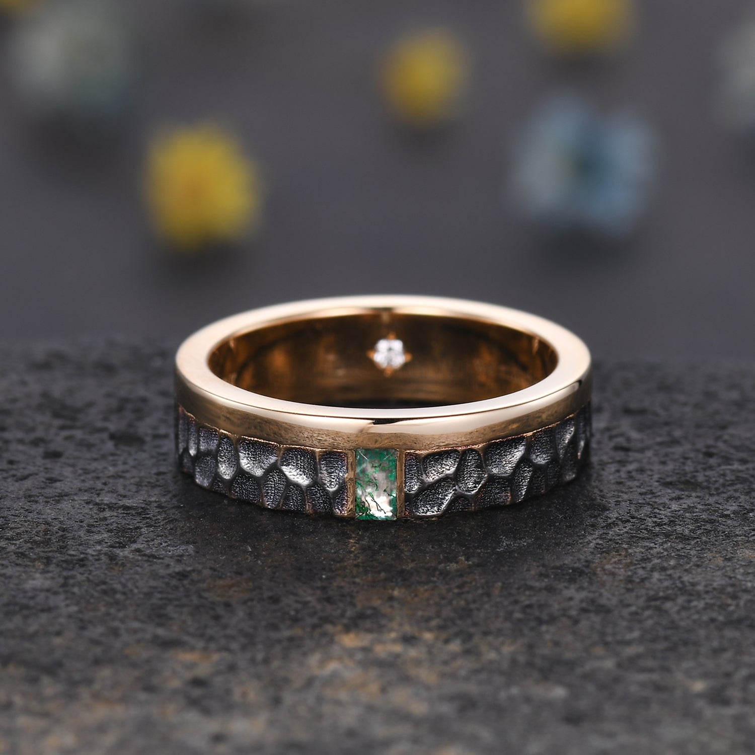 Moss Agate & Diamond Men's Hammered Rose Gold Wedding Band - 5mm Wide Comfort Fit Ring for Engagement, Anniversary & Special Occasions