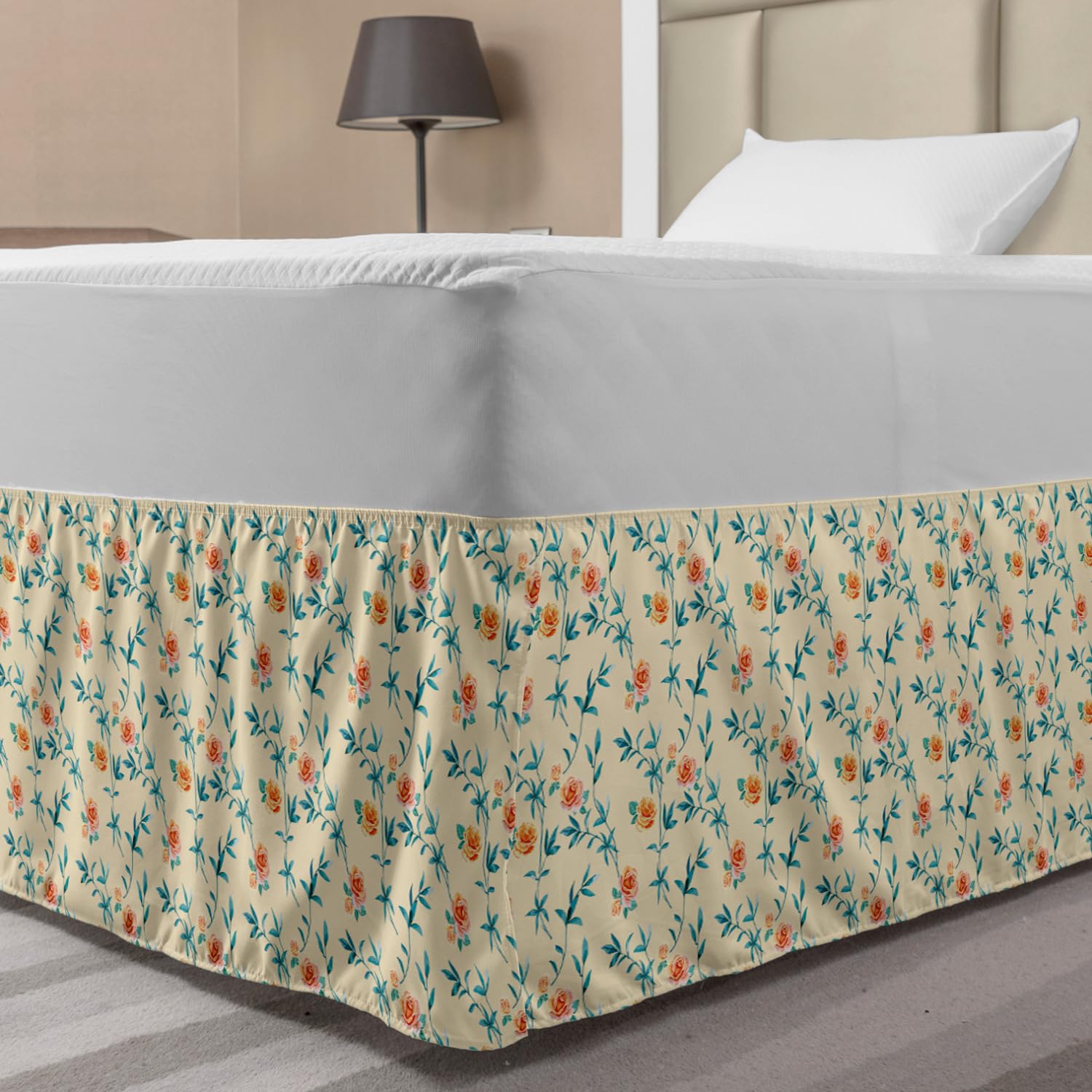 Ambesonne Floral Bed Skirt - Watercolor Rose Design on Cream Background, Elastic Wrap Around Dust Ruffle for Twin/Twin XL Beds, Champagne Multicolor | Perfect for Bedroom Decor, Guest Room Styling & Home Makeover
