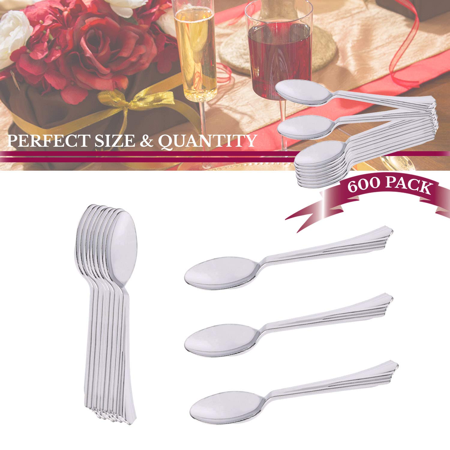 6.25 Inch Shiny Metallic Silver Plastic Spoons - Pack of 600, Heavy Duty BPA-Free Disposable Cutlery for Weddings, Parties, Catering & Events | Durable Recyclable Bulk Silverware for Desserts, Soups, Ice Cream & Buffet Serving
