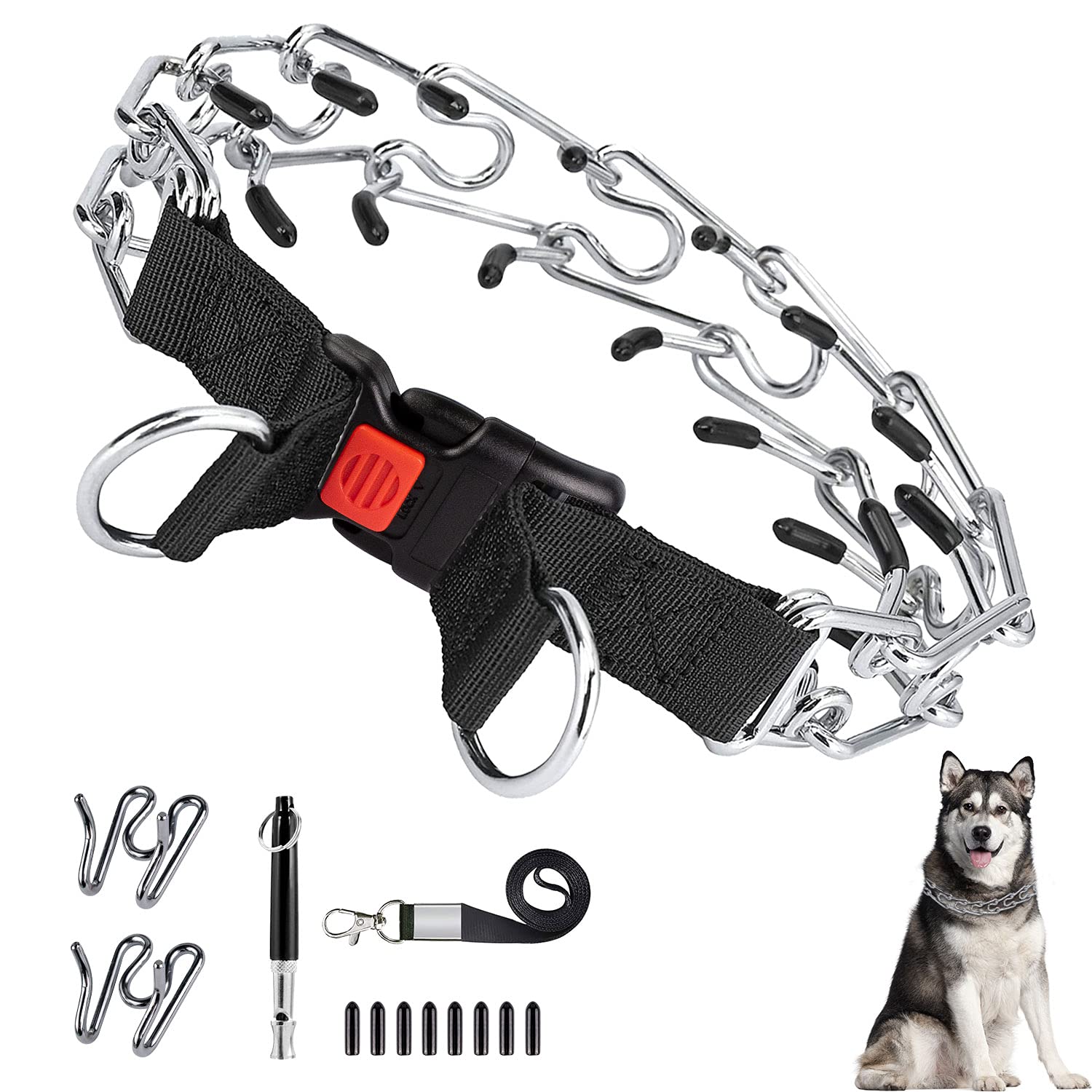 **Ivienx Dog Prong Training Collar with Quick Release Snap Buckle & Rubber Caps – Adjustable Choke Pinch Collar for Small, Medium, Large Breed Dogs – Includes 2 Extra Links & Free Dog Whistle – Perfect for No-Pull Training, Obedience & Behavior Correction**