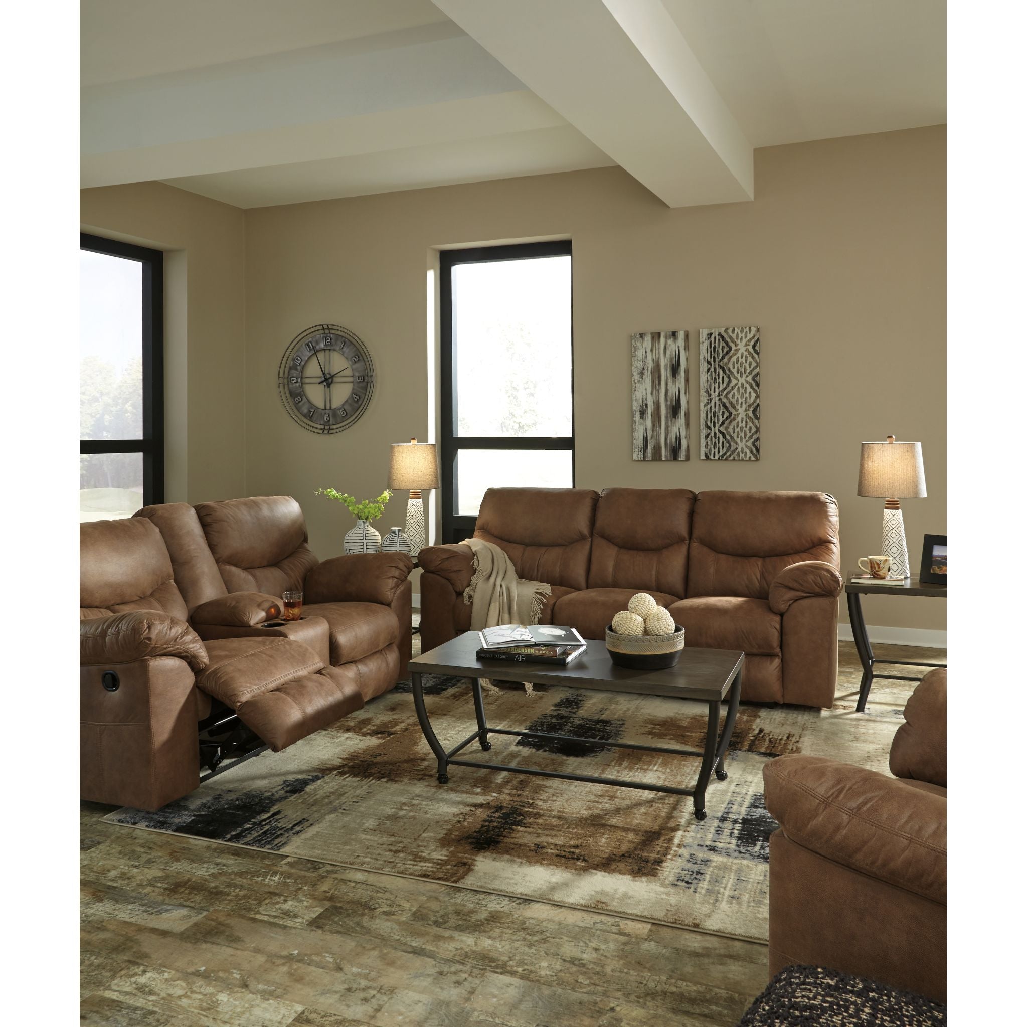 Boxberg Reclining Loveseat with Console in Bark Brown - Modern Reclining Sofa for Living Room, Home Theater & Small Spaces - Comfortable Two-Seater with Cup Holders and USB Ports