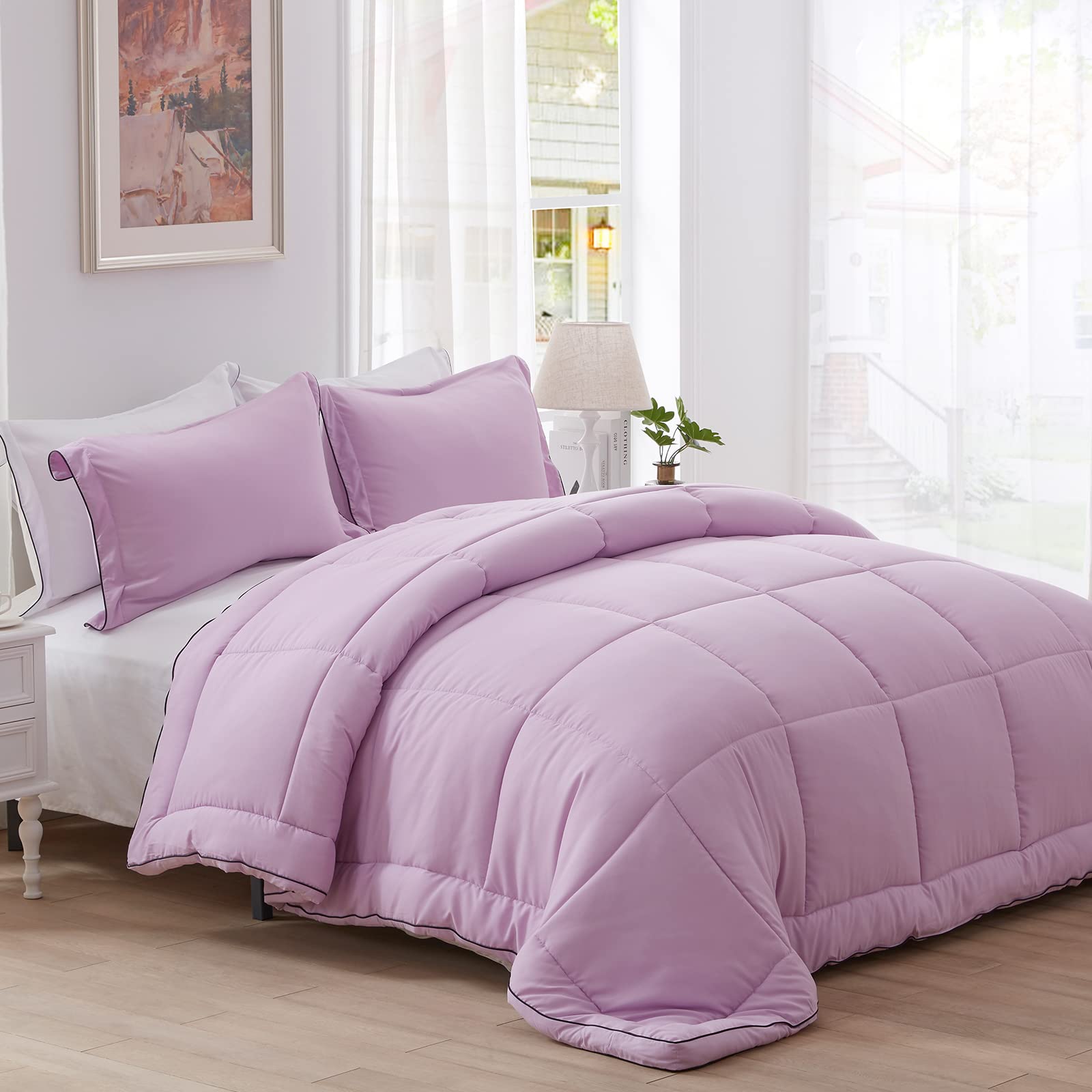 SunStyle All-Season 100% Microfiber Down Alternative Comforter Set - Queen Size Bedding with 2 Pillow Shams | Ultra Soft & Hypoallergenic | Perfect for Winter Warmth & Summer Comfort (Purple, Queen)